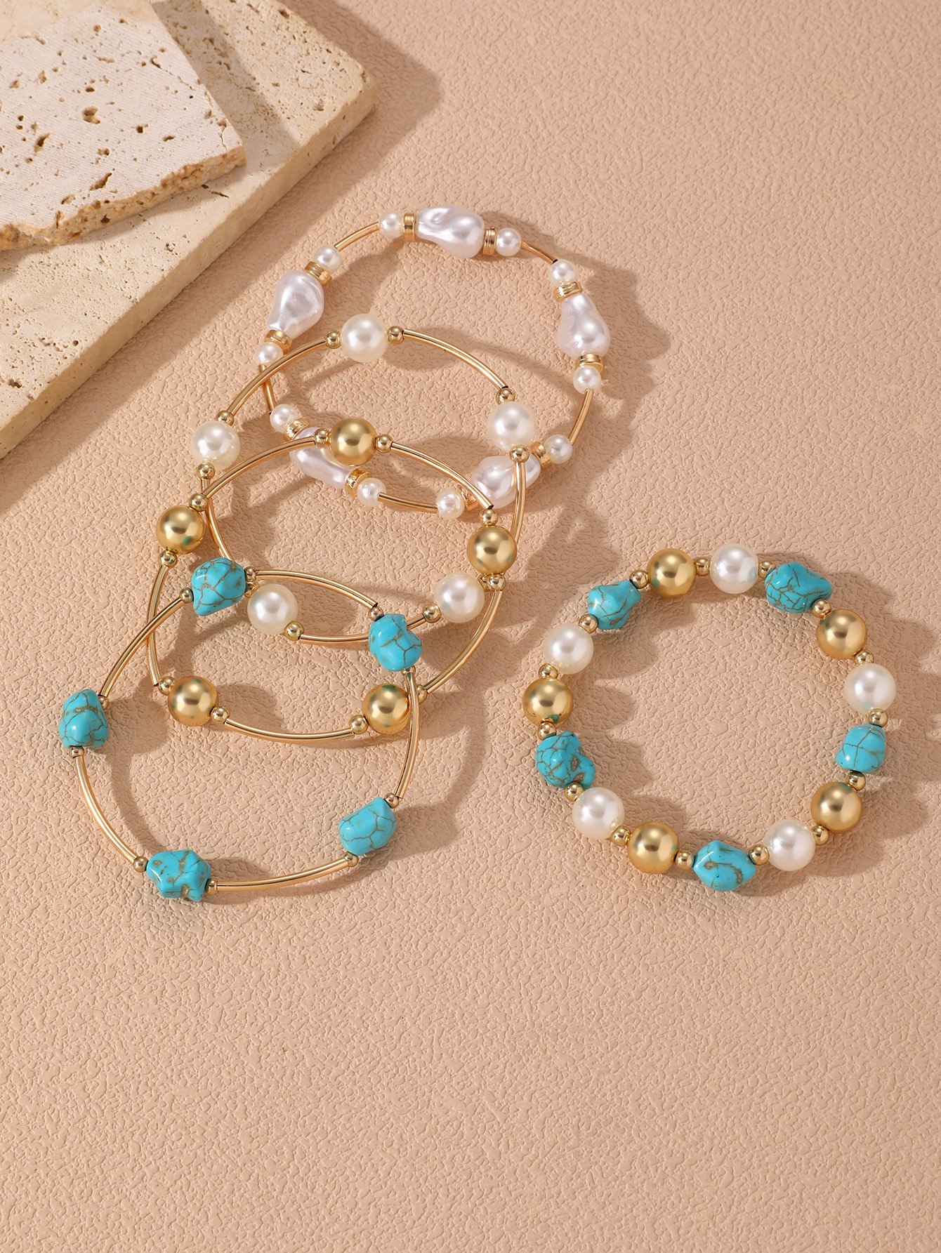 5Pcs Color Block Faux Pearl Bracelet Set