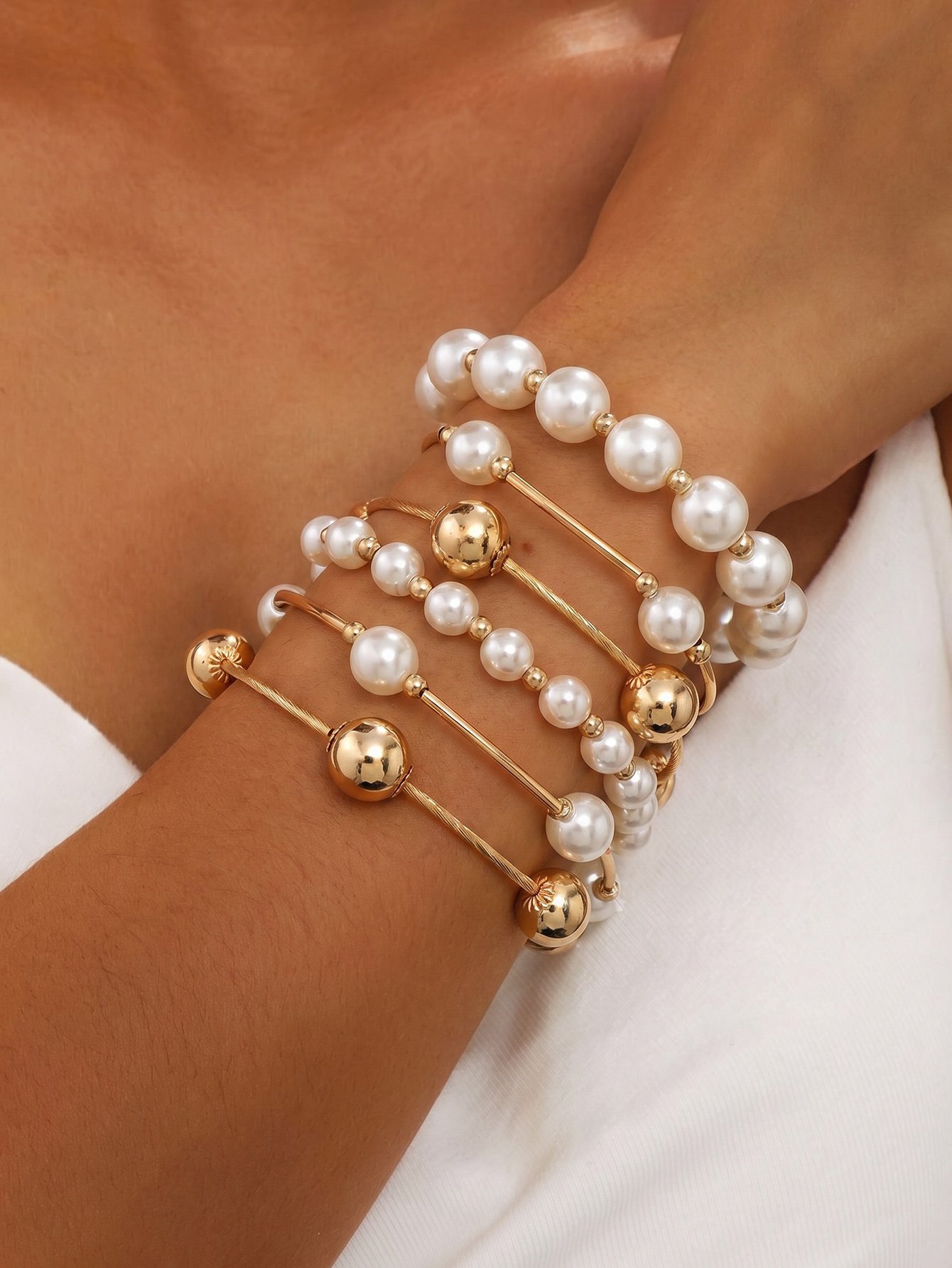 6Pcs Color Block Faux Pearl Bracelet Set