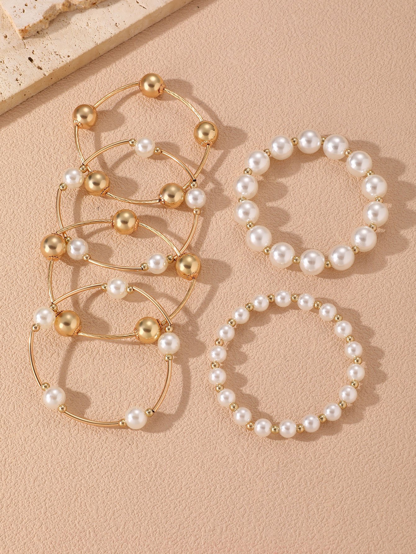 6Pcs Color Block Faux Pearl Bracelet Set