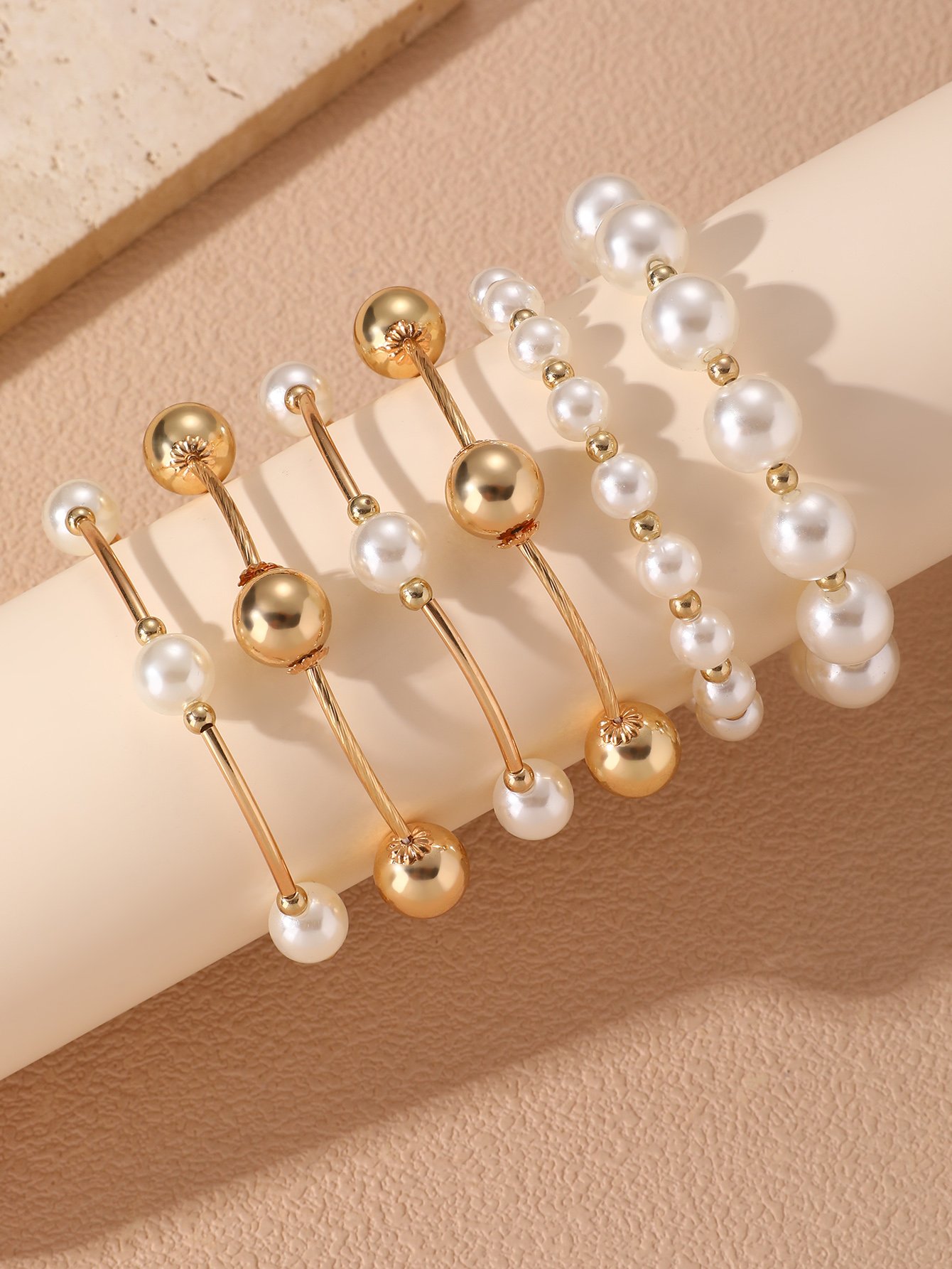 6Pcs Color Block Faux Pearl Bracelet Set