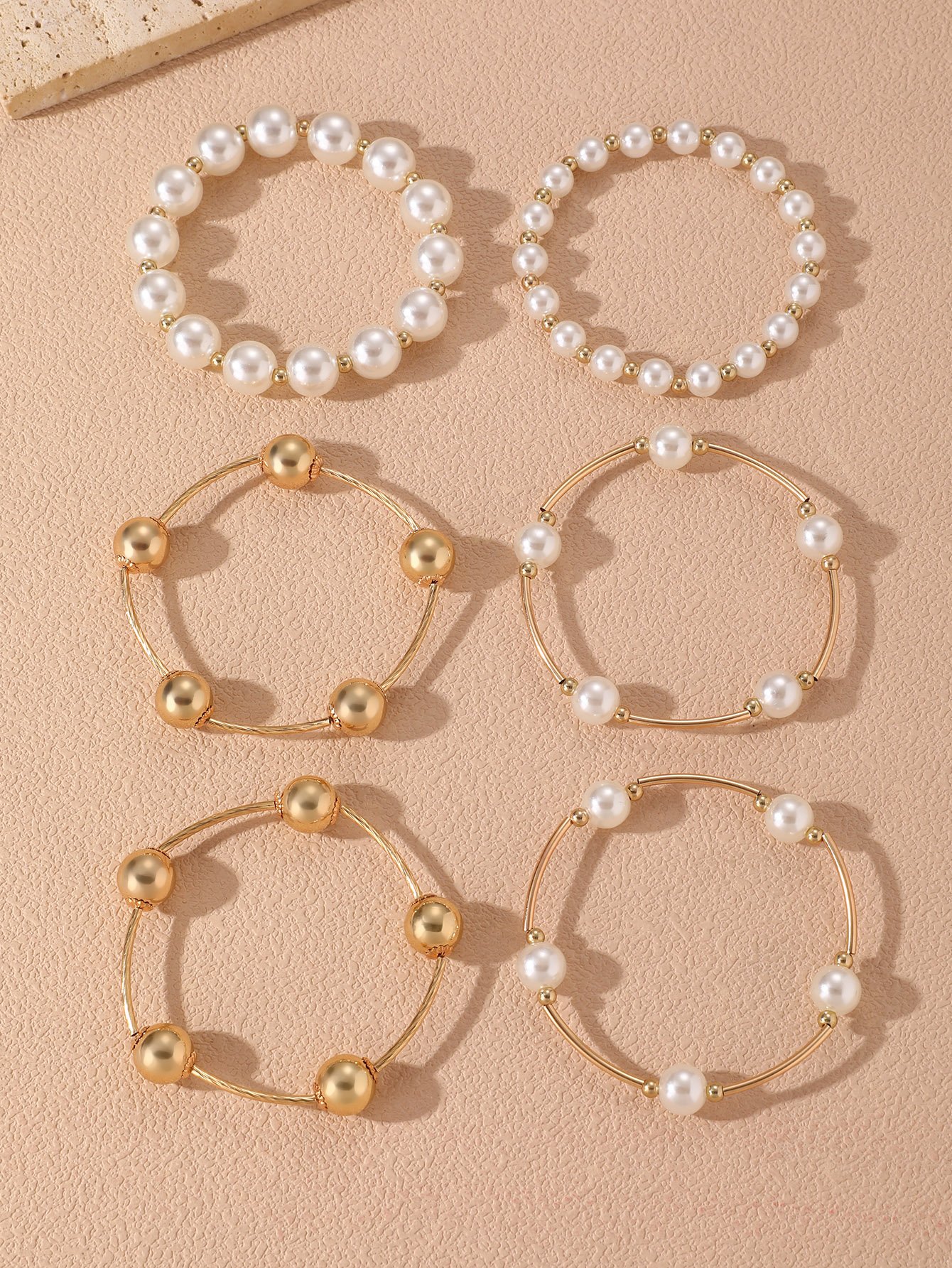 6Pcs Color Block Faux Pearl Bracelet Set