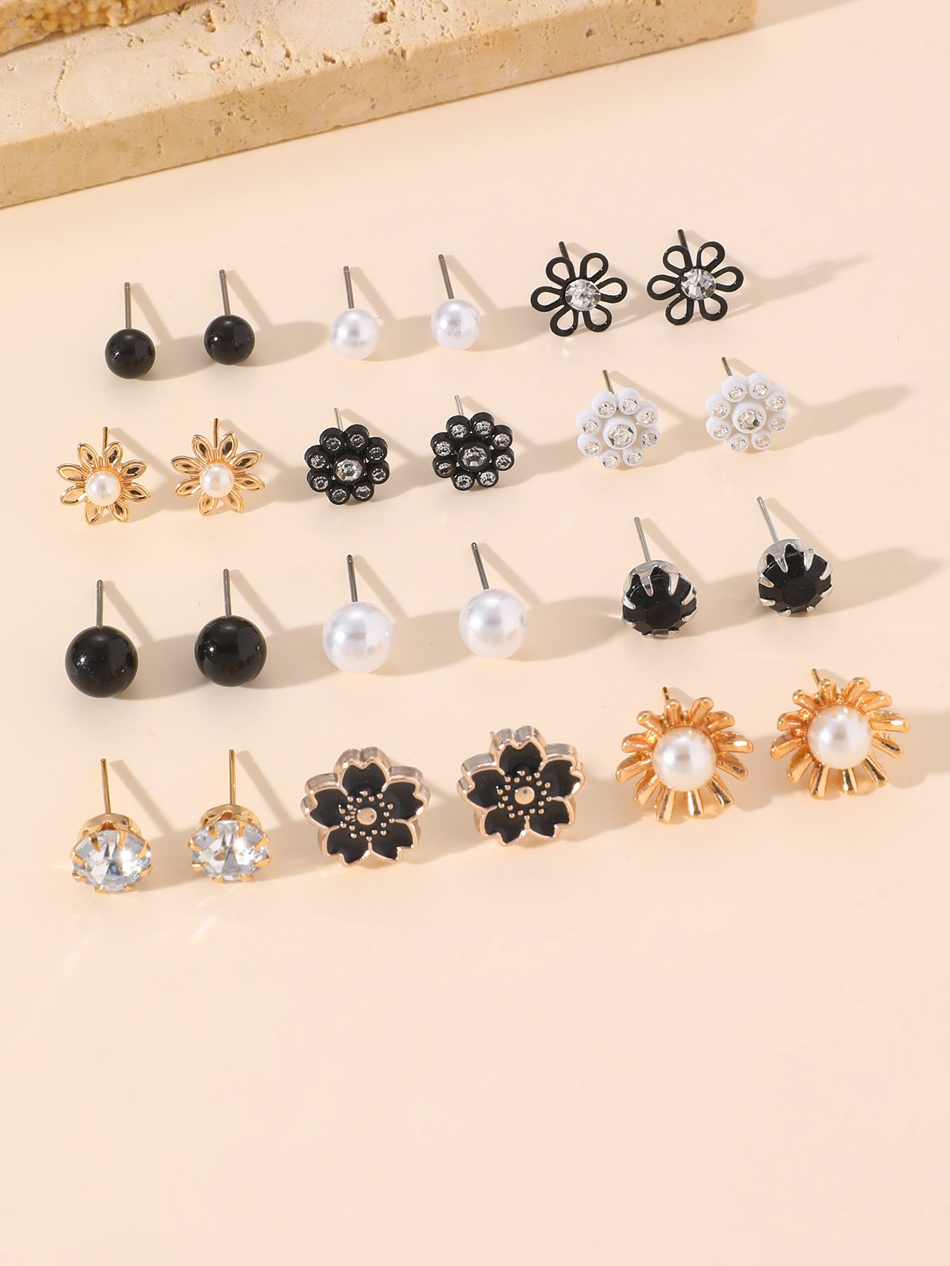 Multi-Color Floral Stud Earrings Set - 12 Pairs