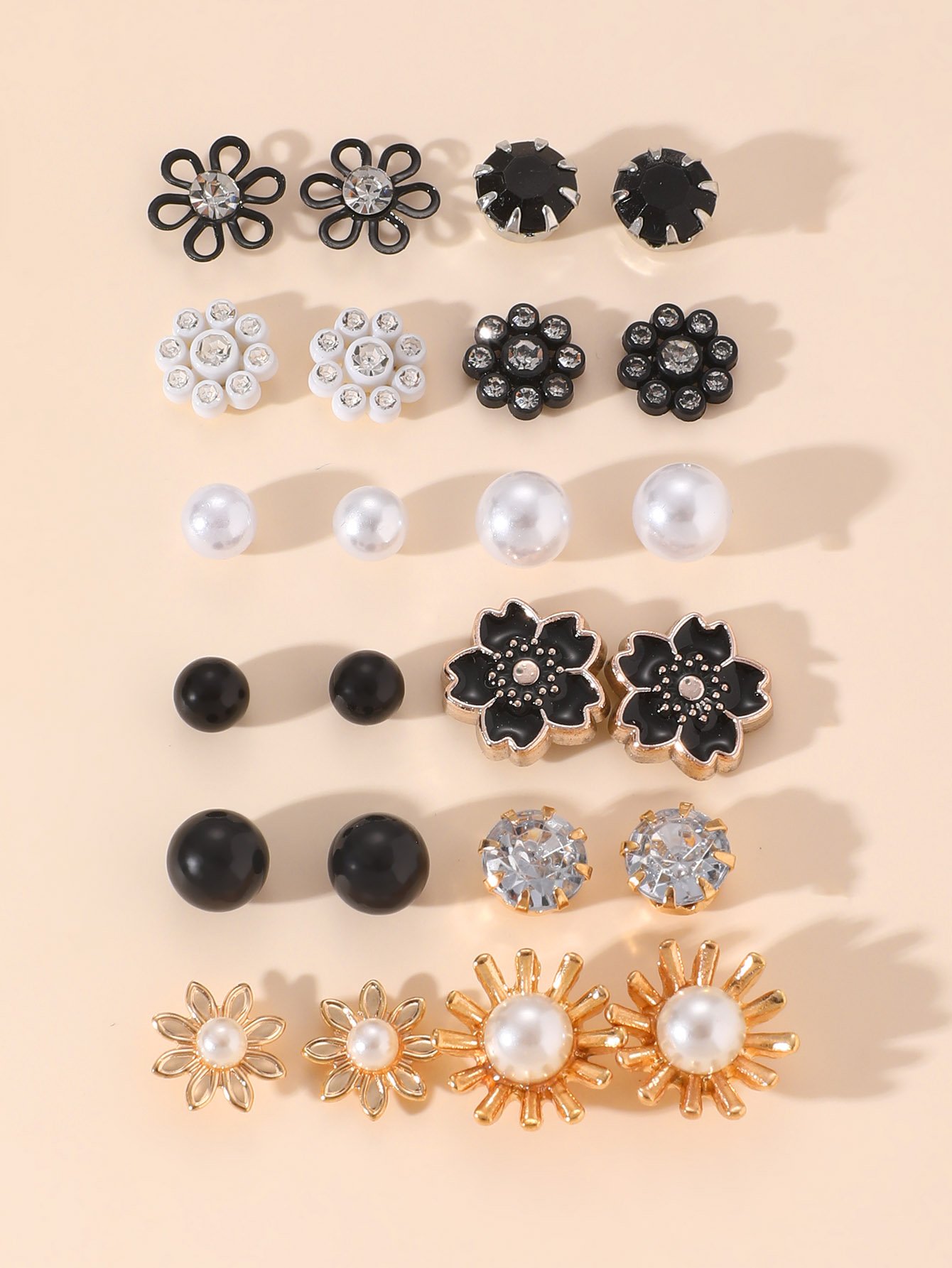 Multi-Color Floral Stud Earrings Set - 12 Pairs
