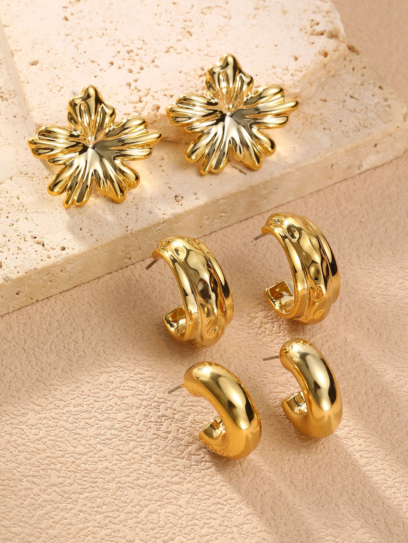 Golden Blossom and Hoop Earrings Set