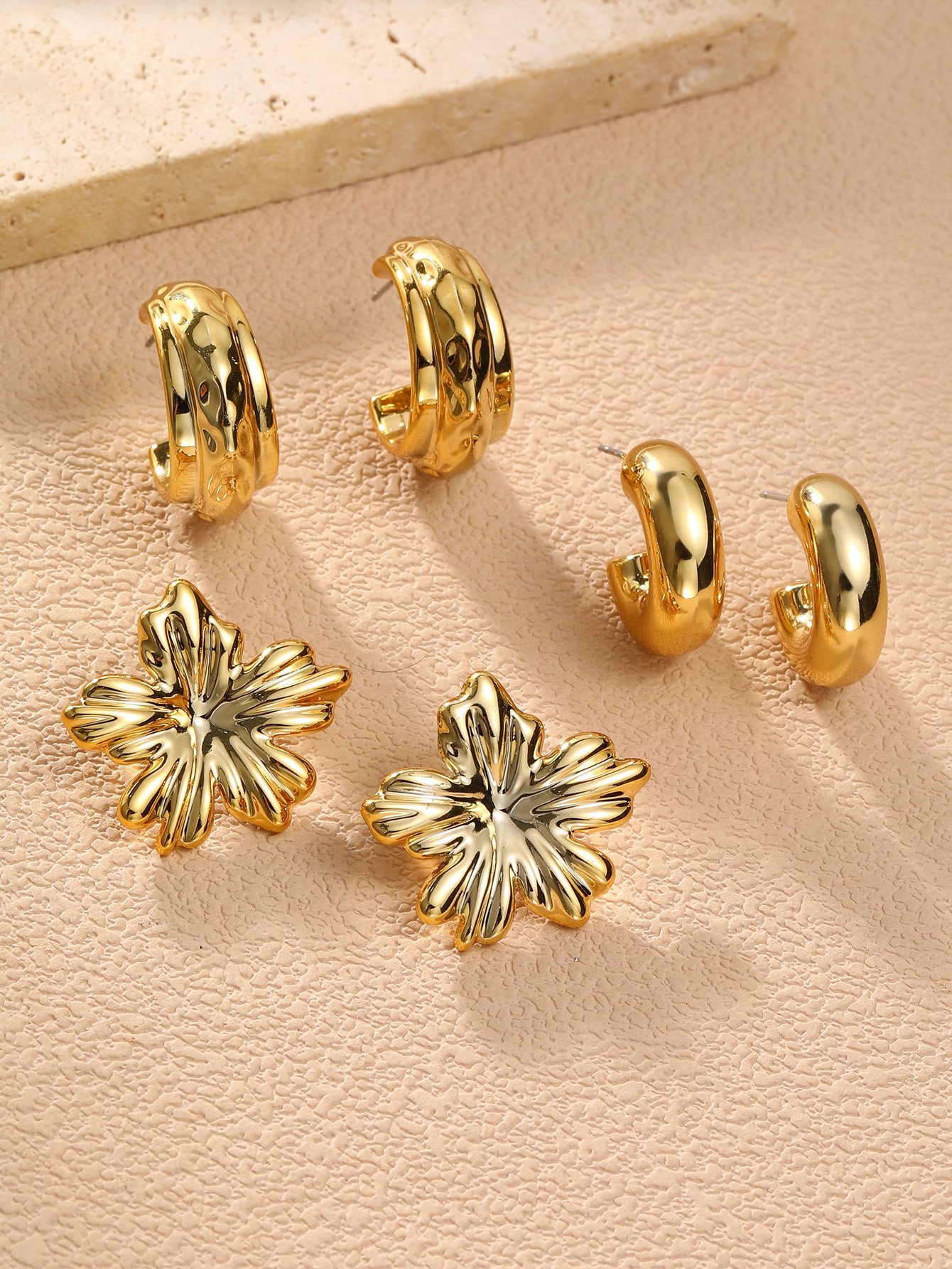 Golden Blossom and Hoop Earrings Set