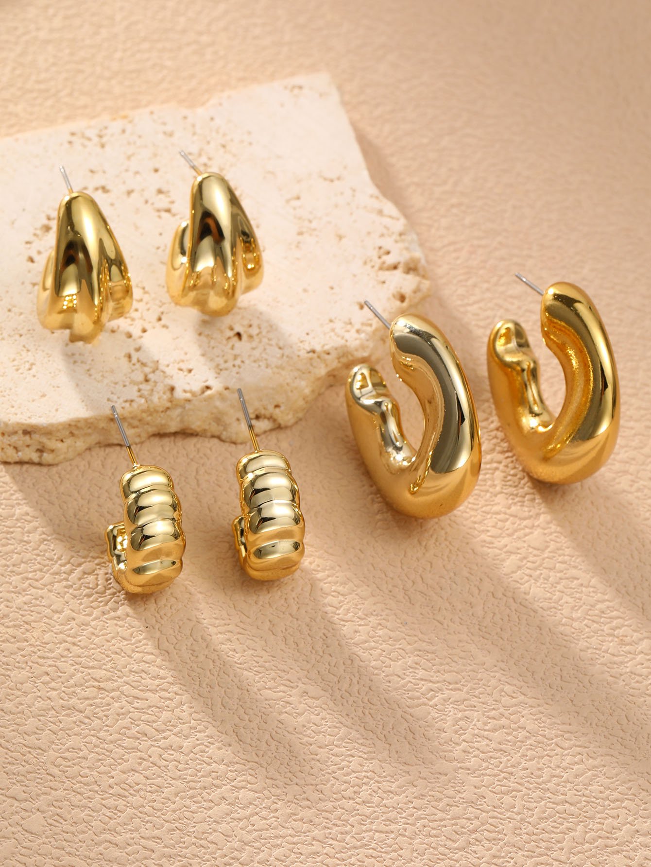 Gold Geometric Hoop and Teardrop Earrings Set - 3 Pairs