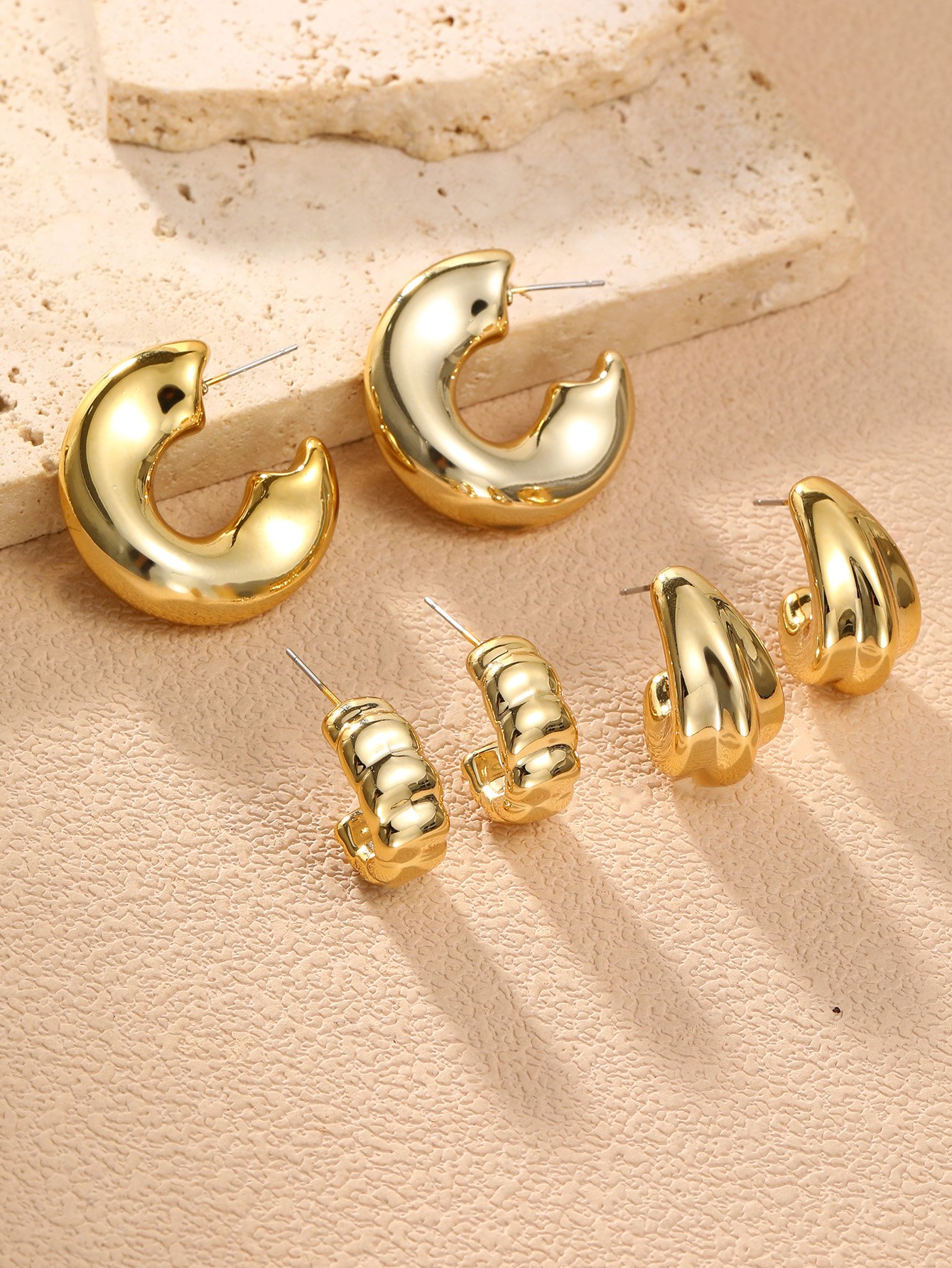 Gold Geometric Hoop and Teardrop Earrings Set - 3 Pairs