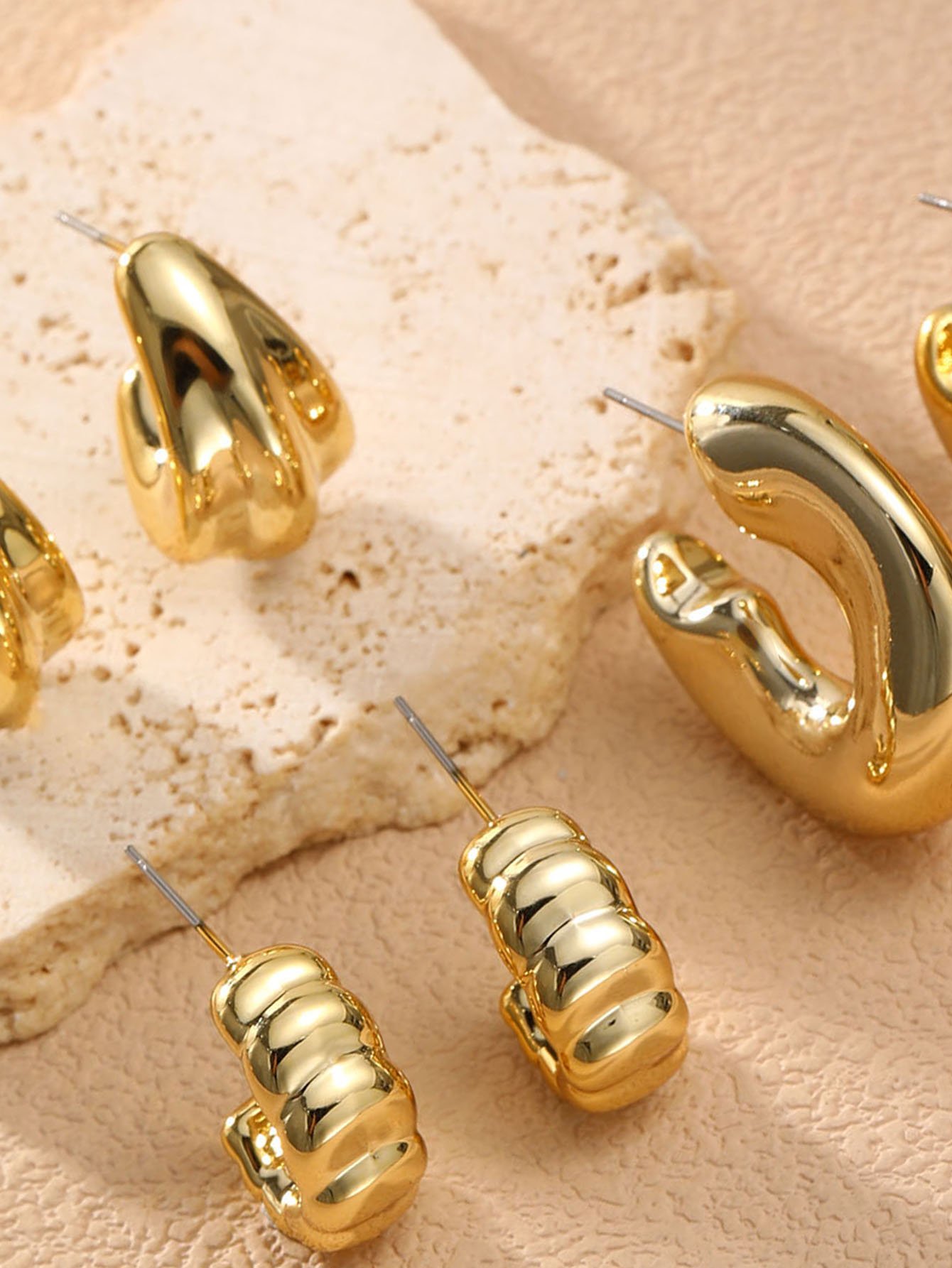 Gold Geometric Hoop and Teardrop Earrings Set - 3 Pairs