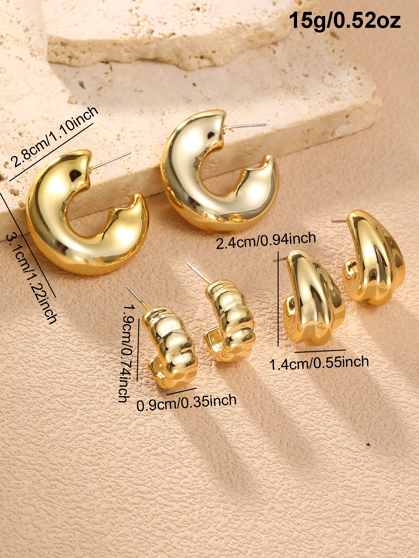 Gold Geometric Hoop and Teardrop Earrings Set - 3 Pairs