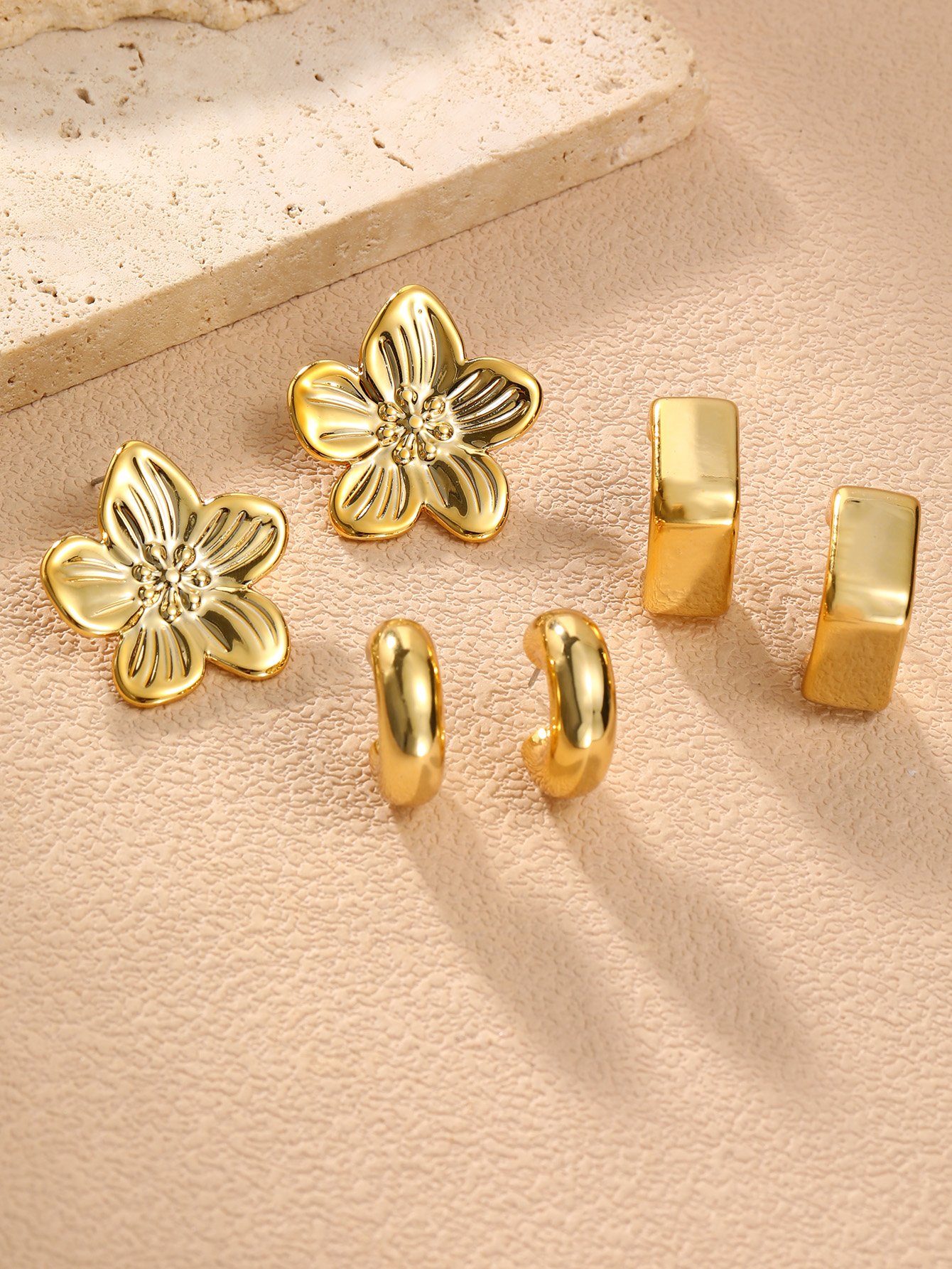 Gold Tone Geometric and Floral Earring Set