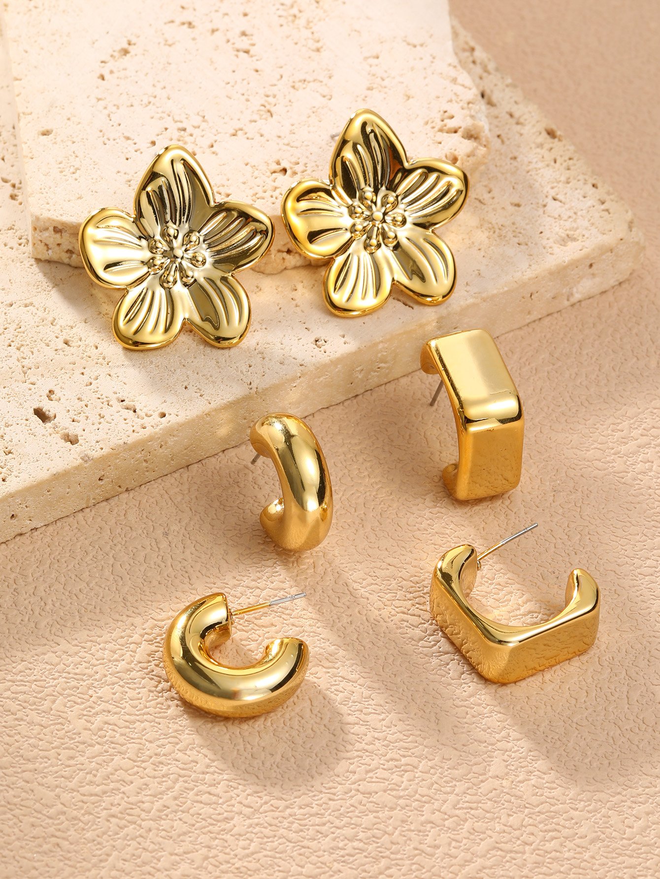 Gold Tone Geometric and Floral Earring Set