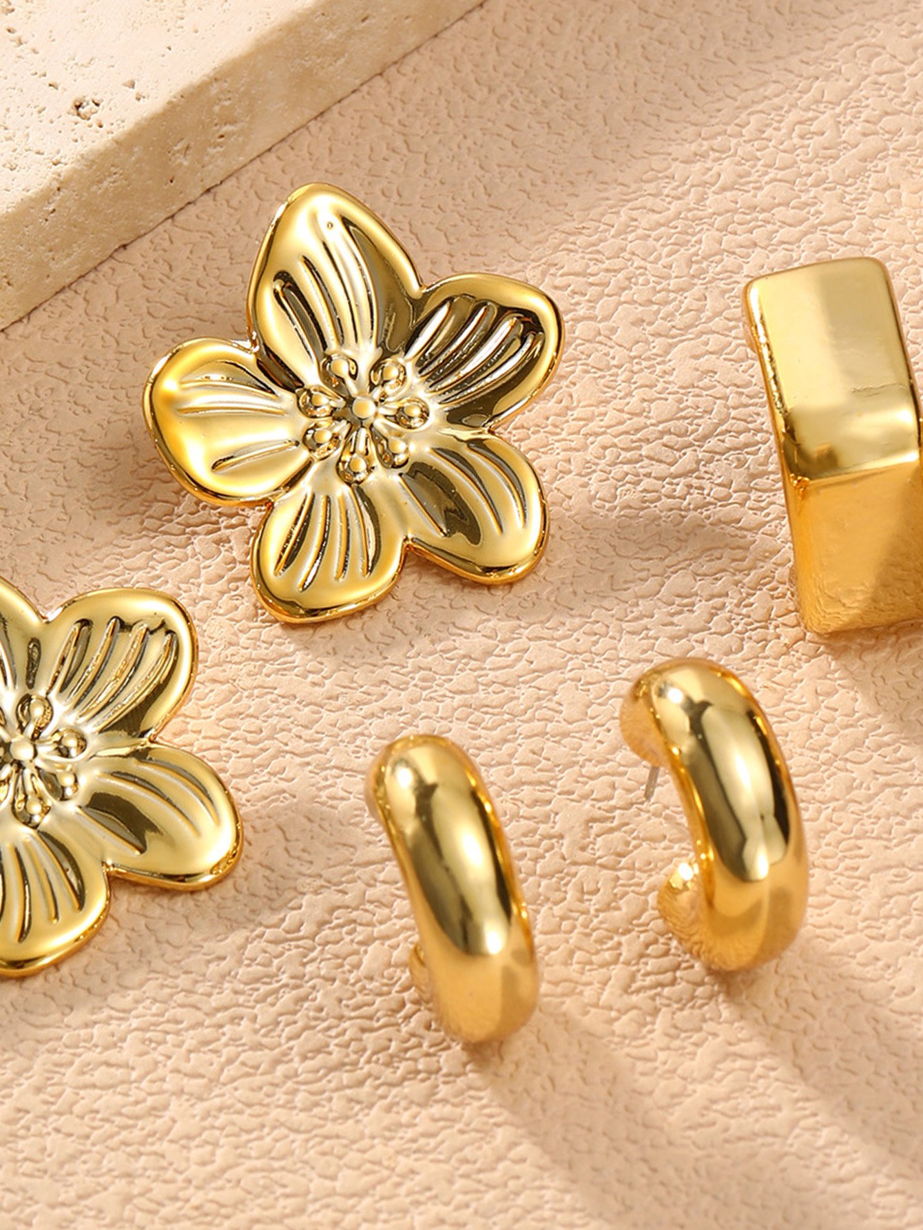 Gold Tone Geometric and Floral Earring Set