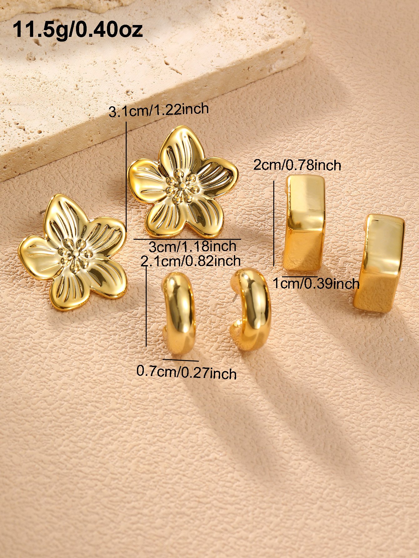 Gold Tone Geometric and Floral Earring Set