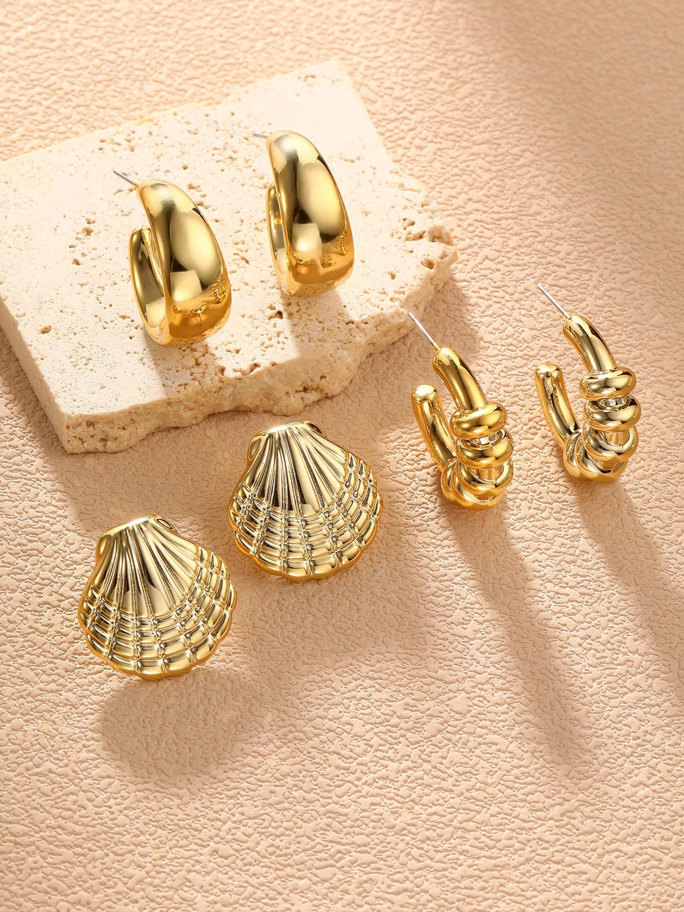 Gold Geometric and Shell Drop Earrings Set - 3 Pairs