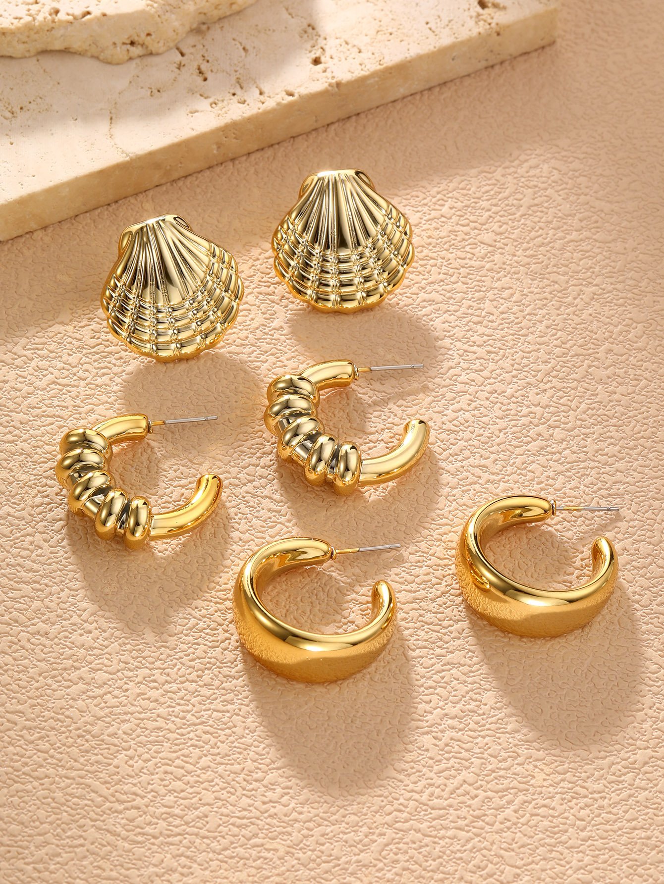 Gold Geometric and Shell Drop Earrings Set - 3 Pairs