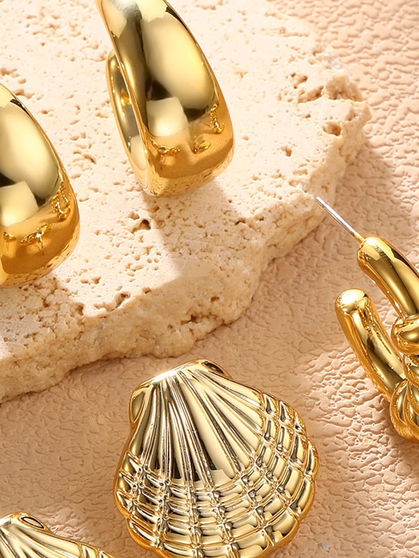 Gold Geometric and Shell Drop Earrings Set - 3 Pairs