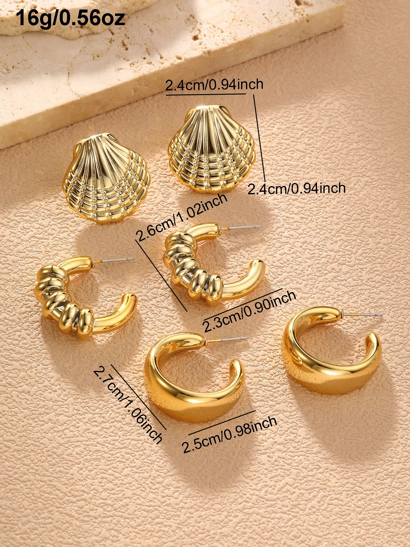 Gold Geometric and Shell Drop Earrings Set - 3 Pairs