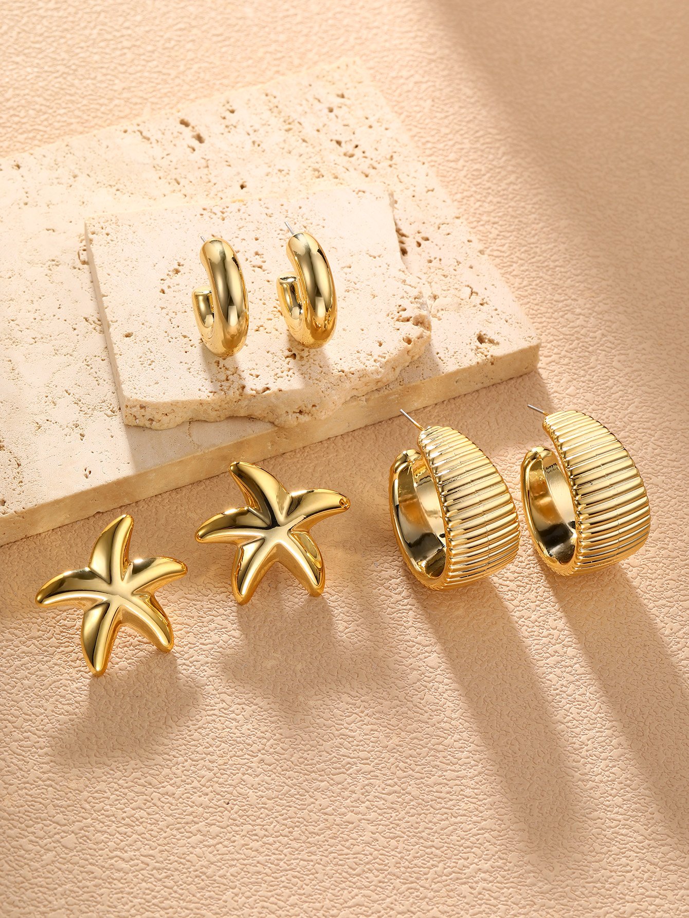 Gold Starfish and Geometric Earrings Set