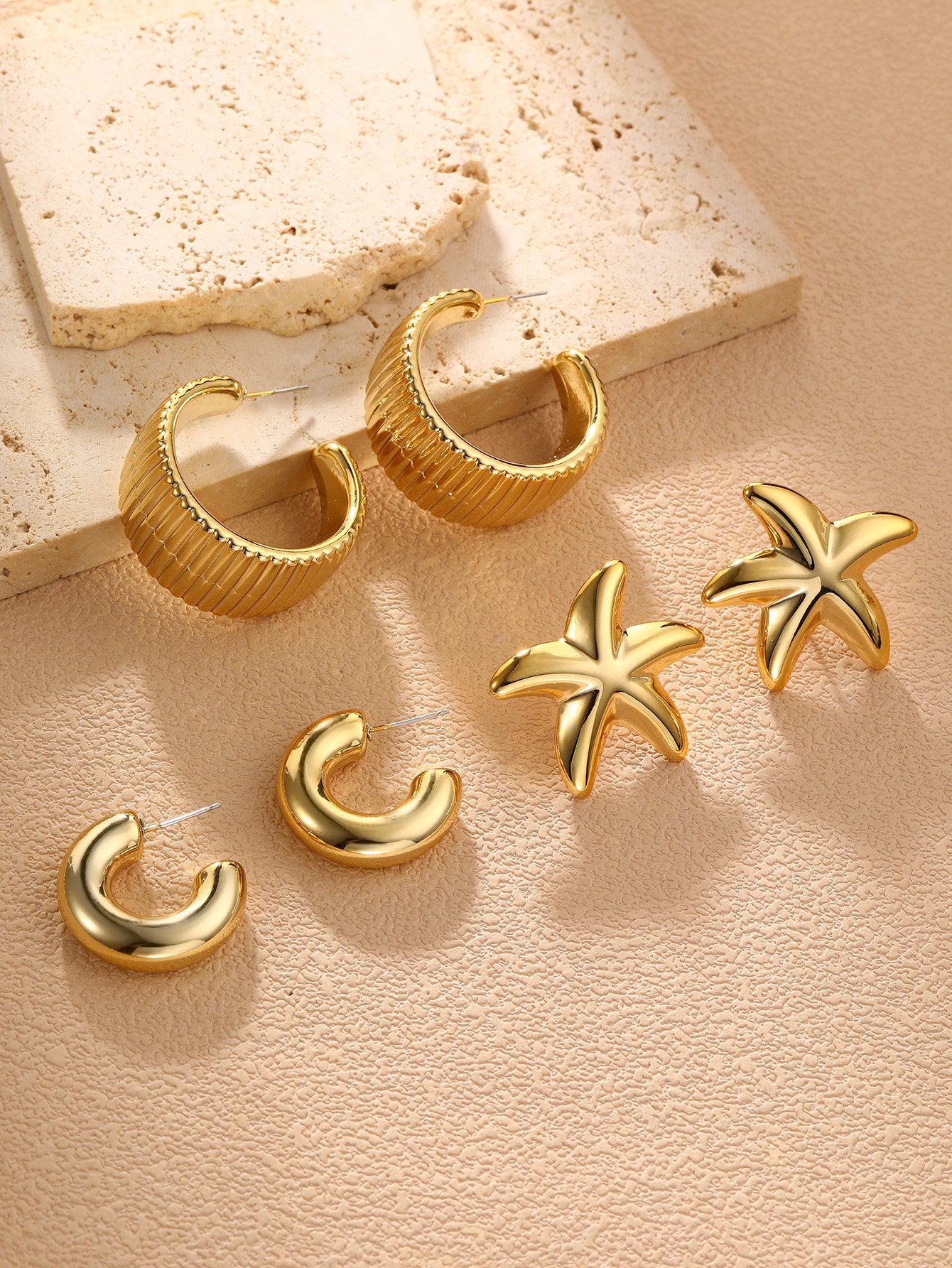 Gold Starfish and Geometric Earrings Set