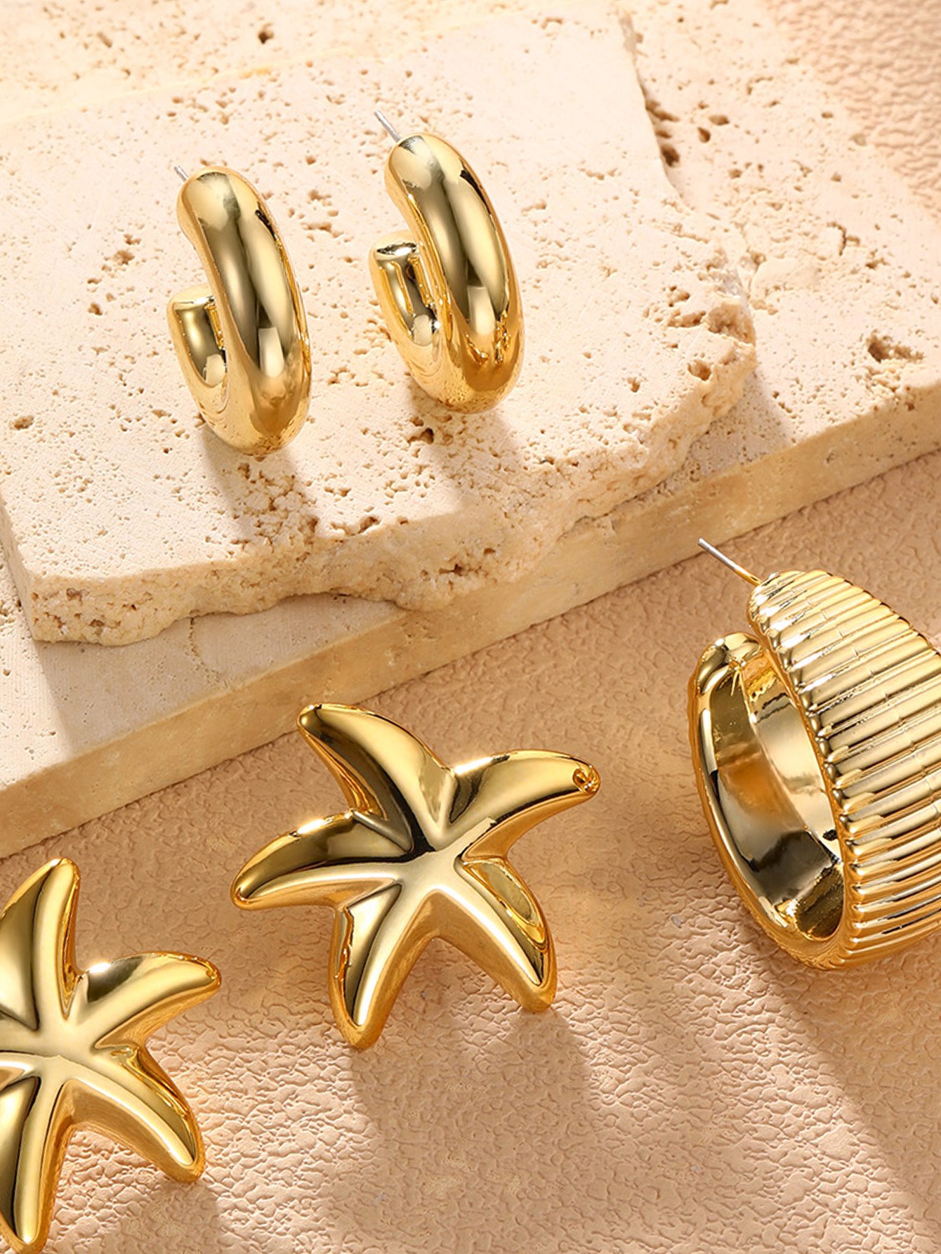 Gold Starfish and Geometric Earrings Set