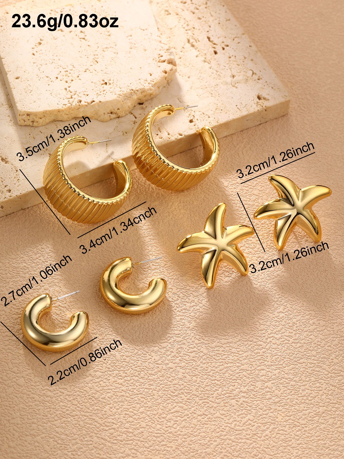 Gold Starfish and Geometric Earrings Set
