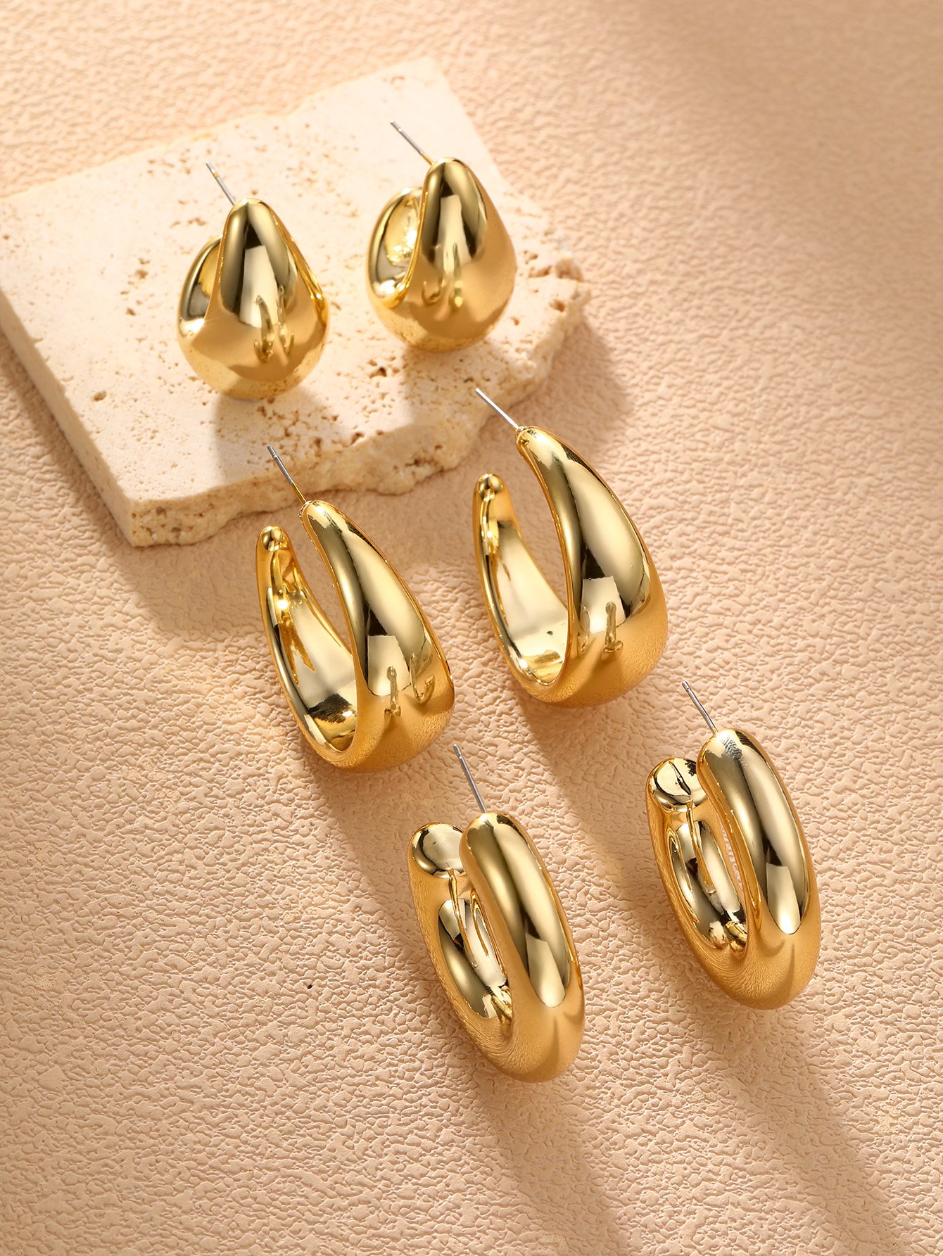 Gold Tone Geometric Hoop Earrings Set - 3-Pack