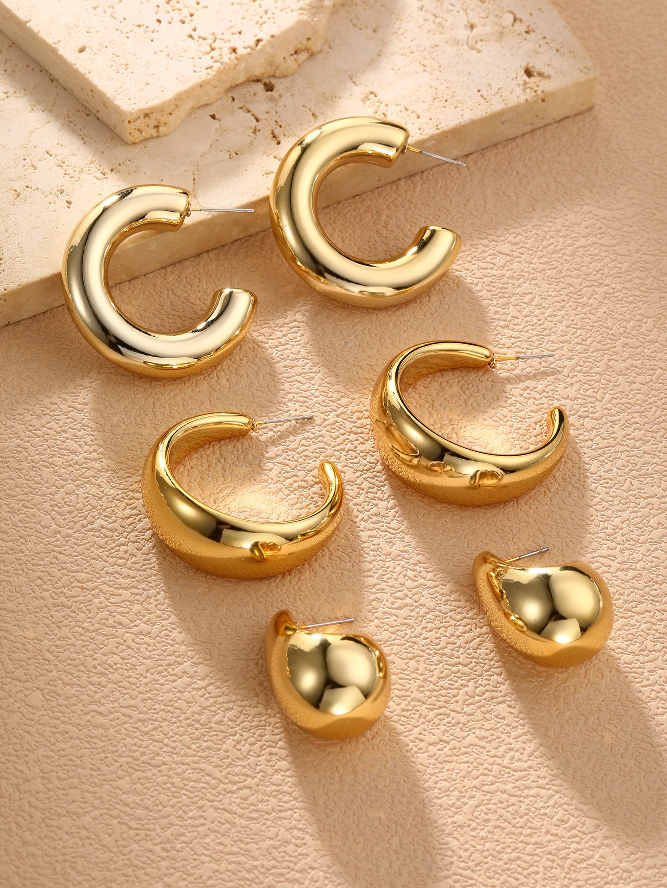 Gold Tone Geometric Hoop Earrings Set - 3-Pack