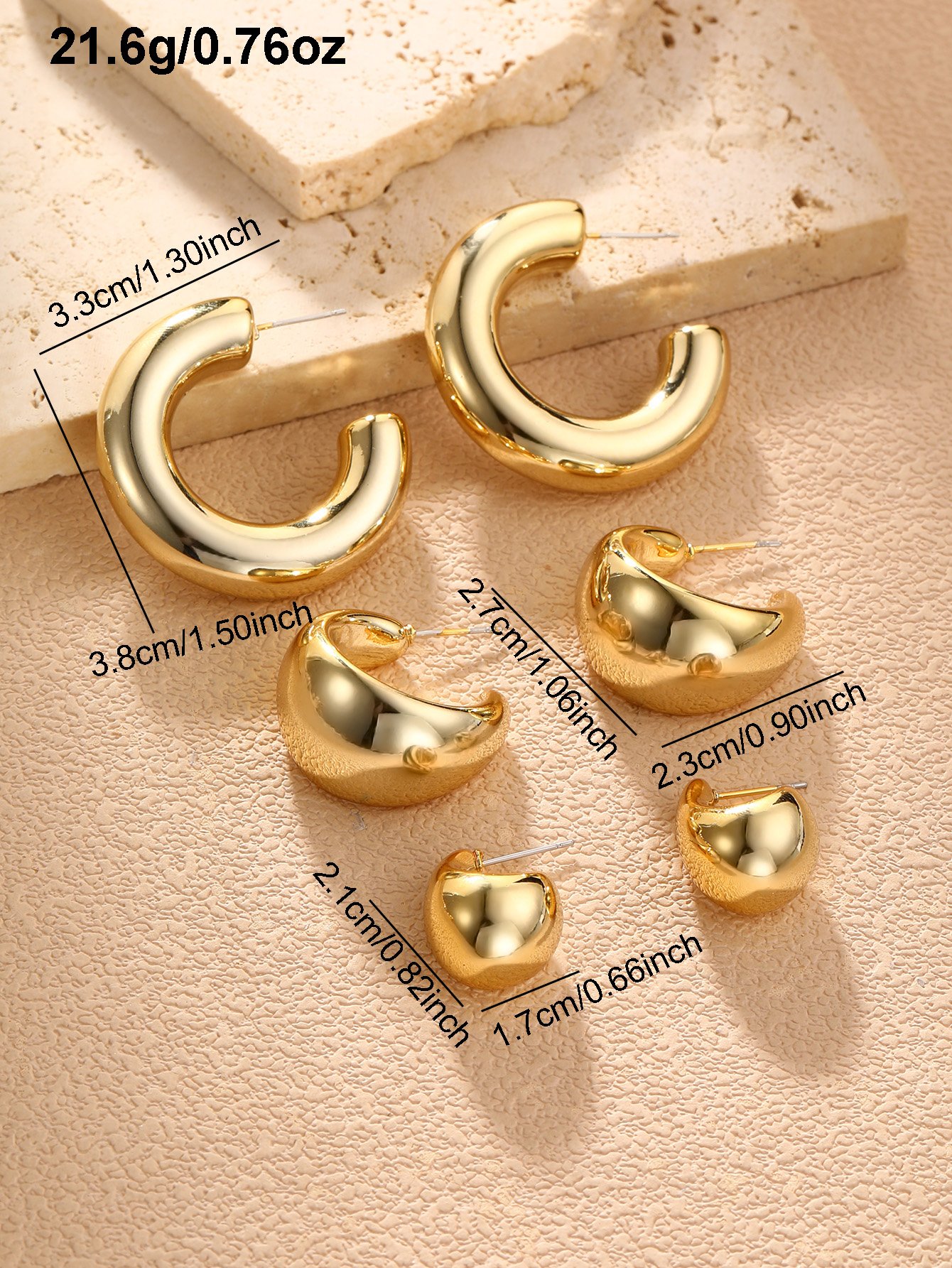 3 Pairs Gold Geometry Drop Earrings Set
