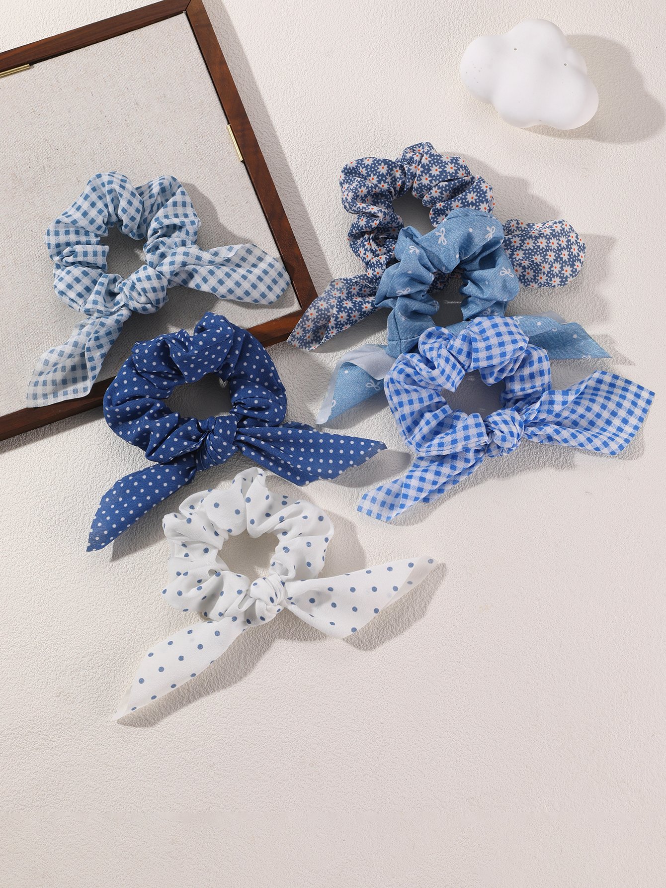 Blue and White Patterned Hair Scrunchie Set with Bow Detail