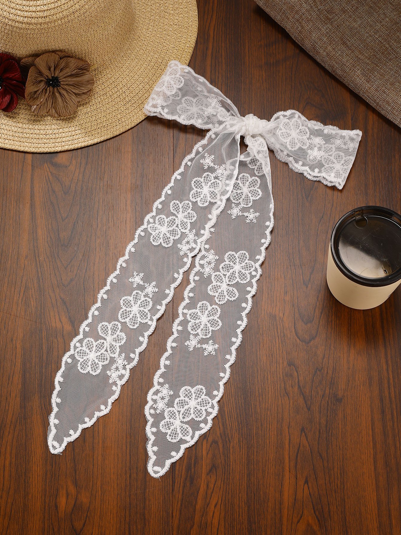 White Lace Hair Tie with Floral Design