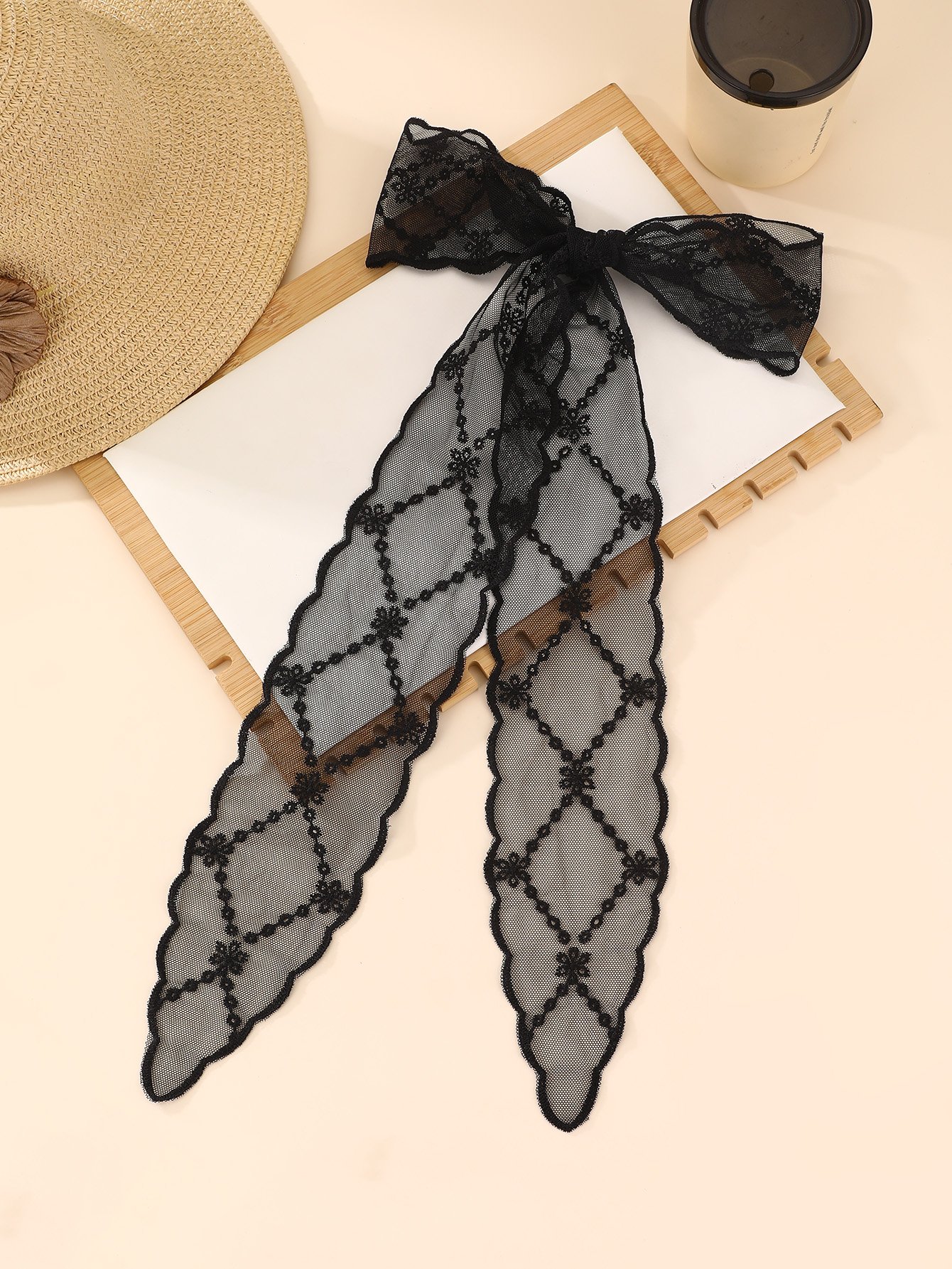 Black Lace Bow Hair Tie with Scalloped Edges