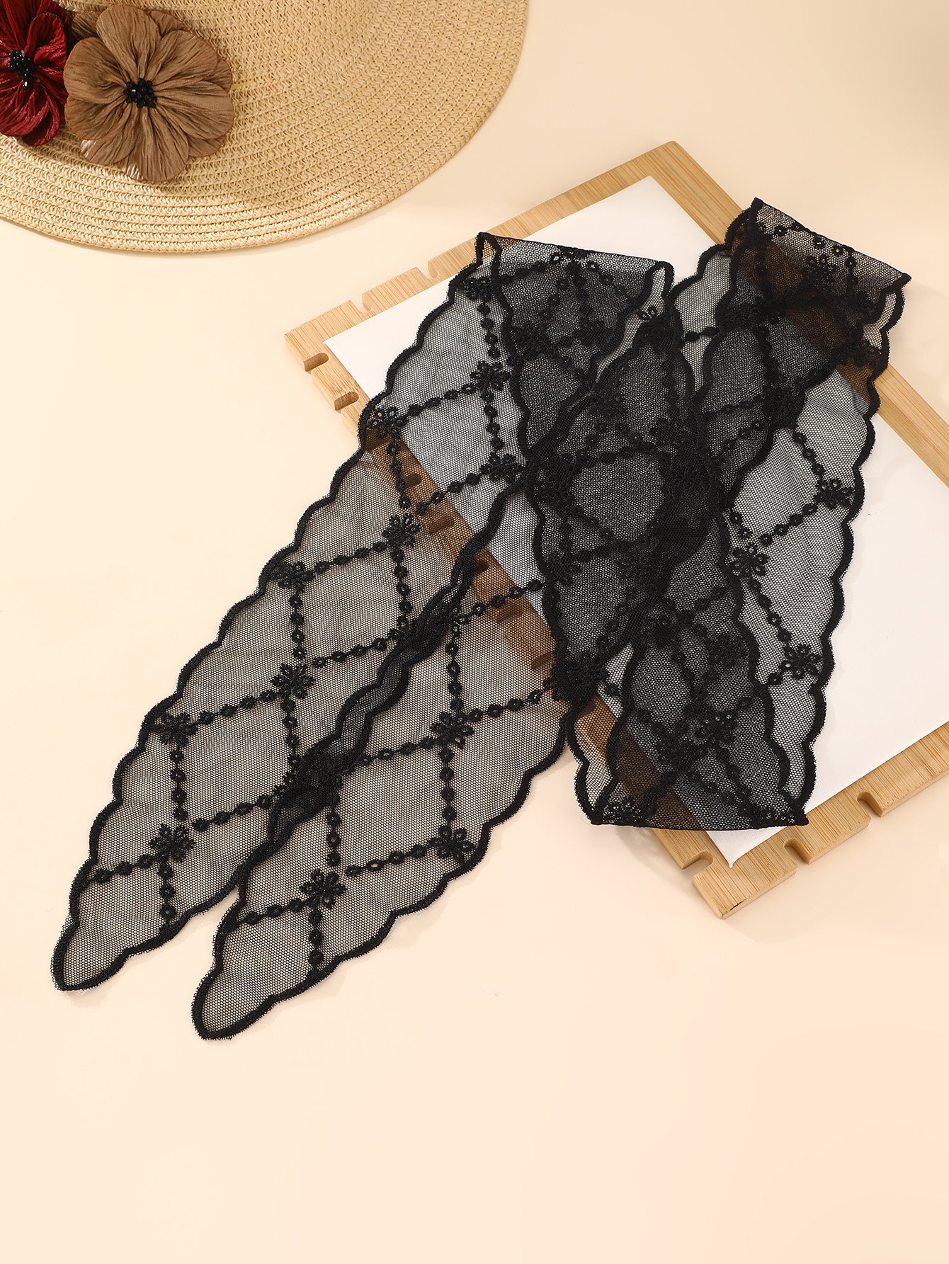 Black Lace Bow Hair Tie with Scalloped Edges