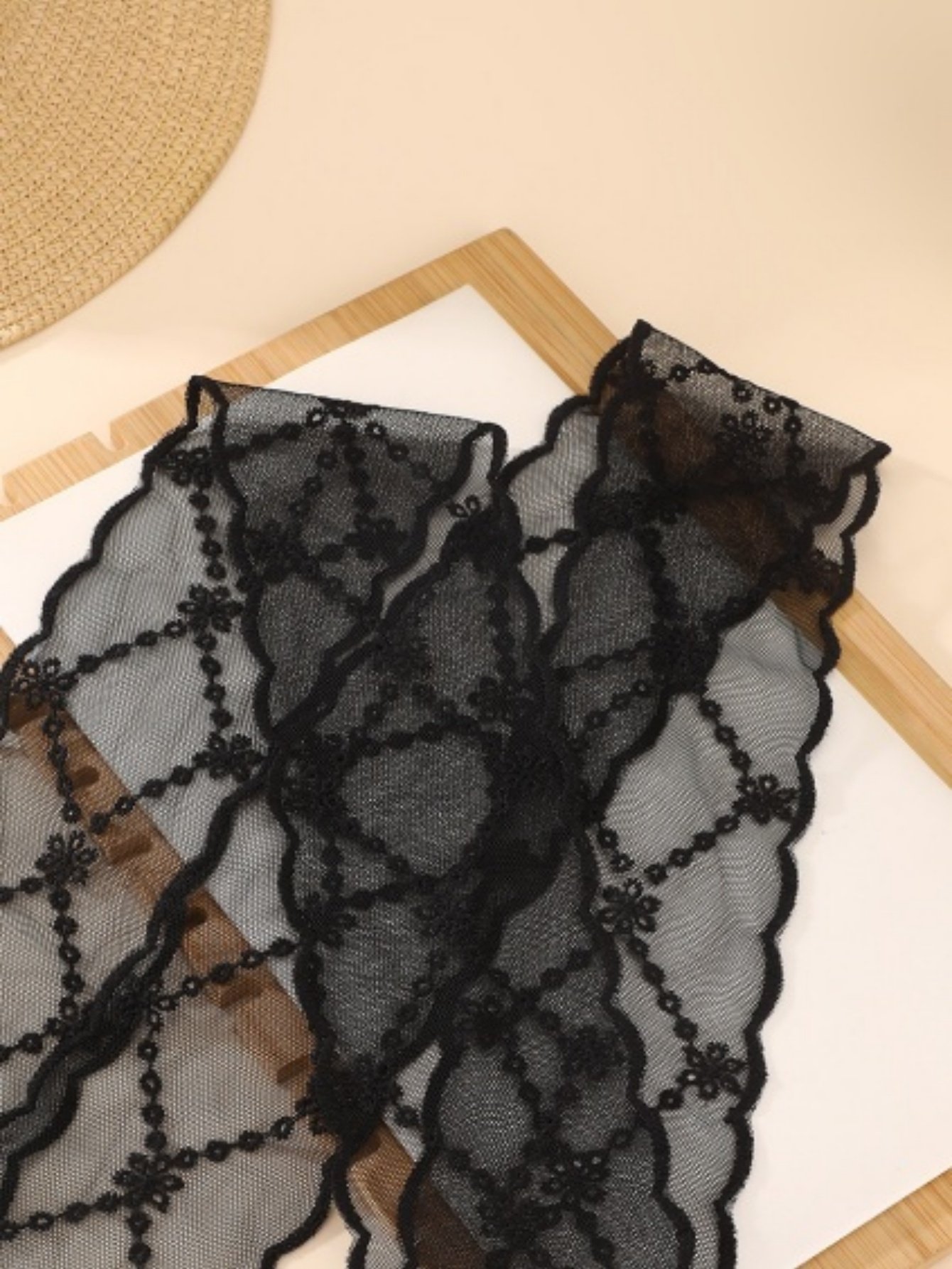 Black Lace Bow Hair Tie with Scalloped Edges