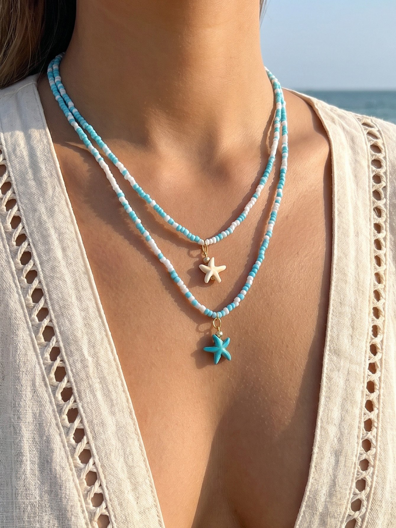 Starfish Beaded Layered Necklace Set