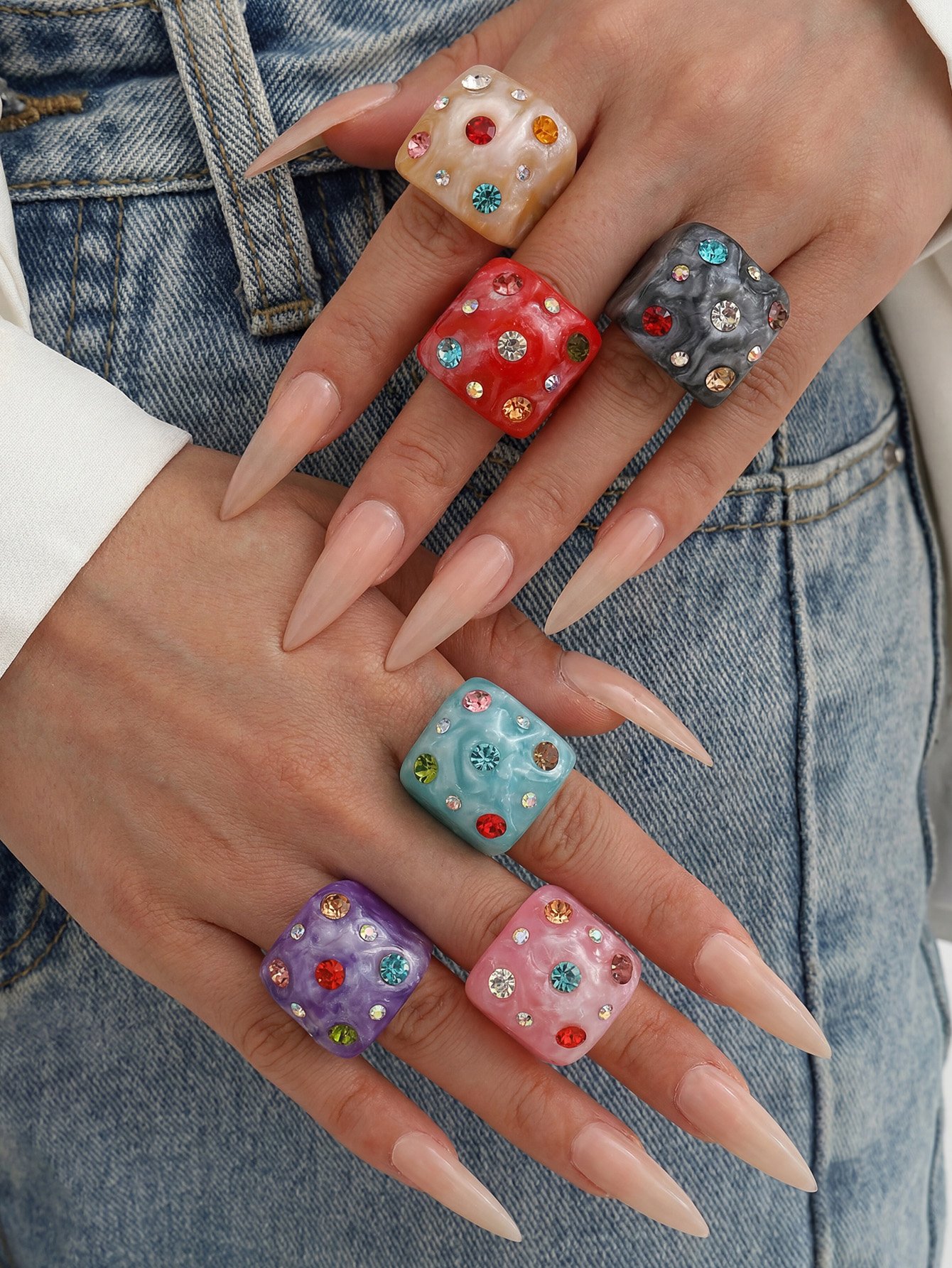6Pcs Multi-Color Square Resin Ring Set with Rhinestones