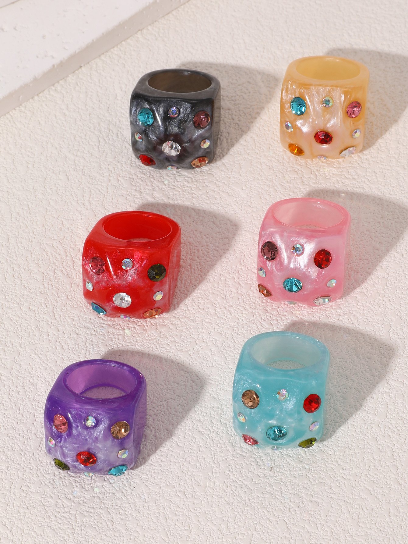 6Pcs Multi-Color Square Resin Ring Set with Rhinestones