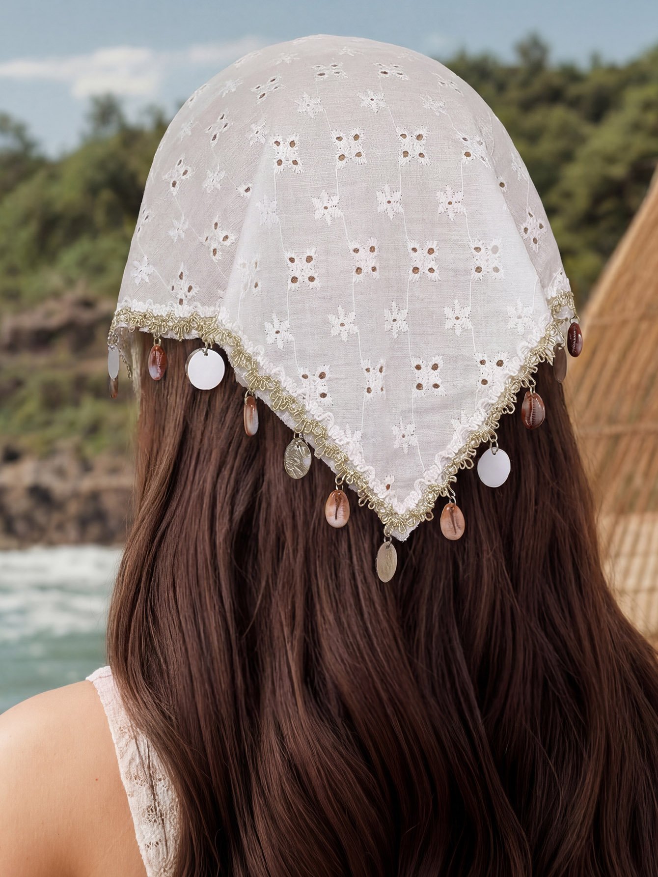 White Embroidered Headband with Shell and Coin Charms