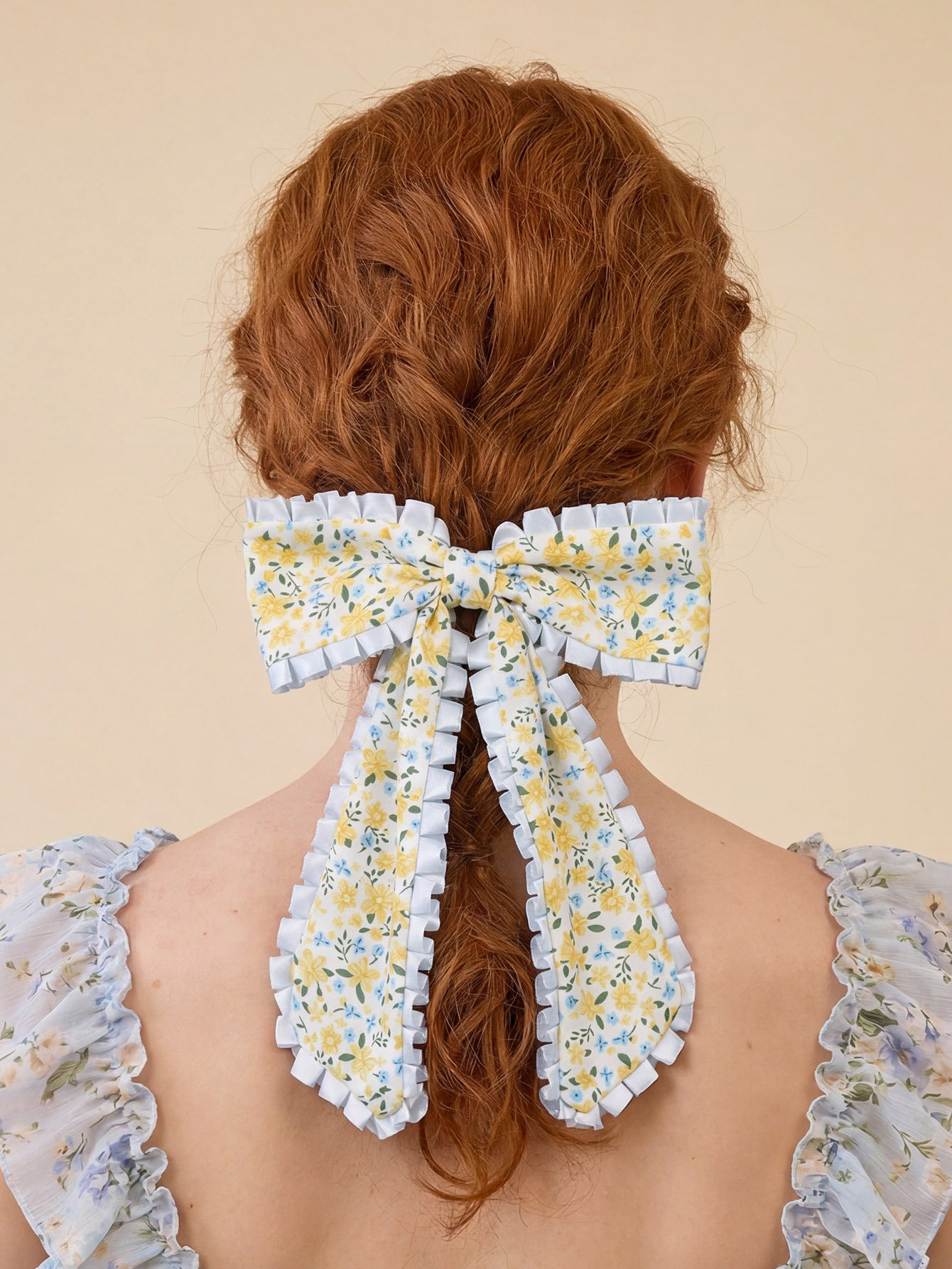 Floral Print Ruffled Bow Hair Clip