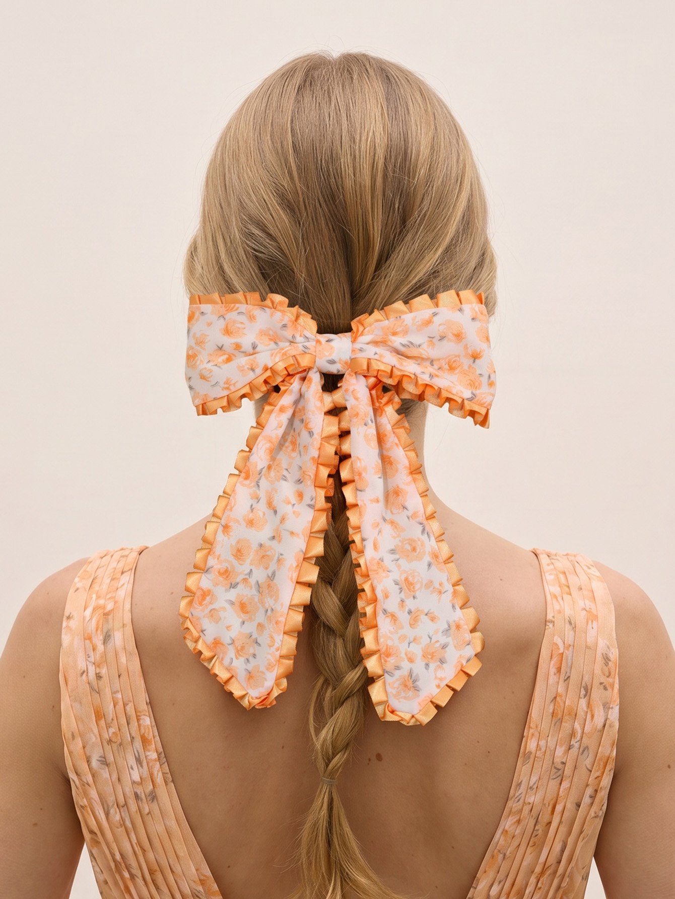 Floral Bow Hair Clip - Peach and White