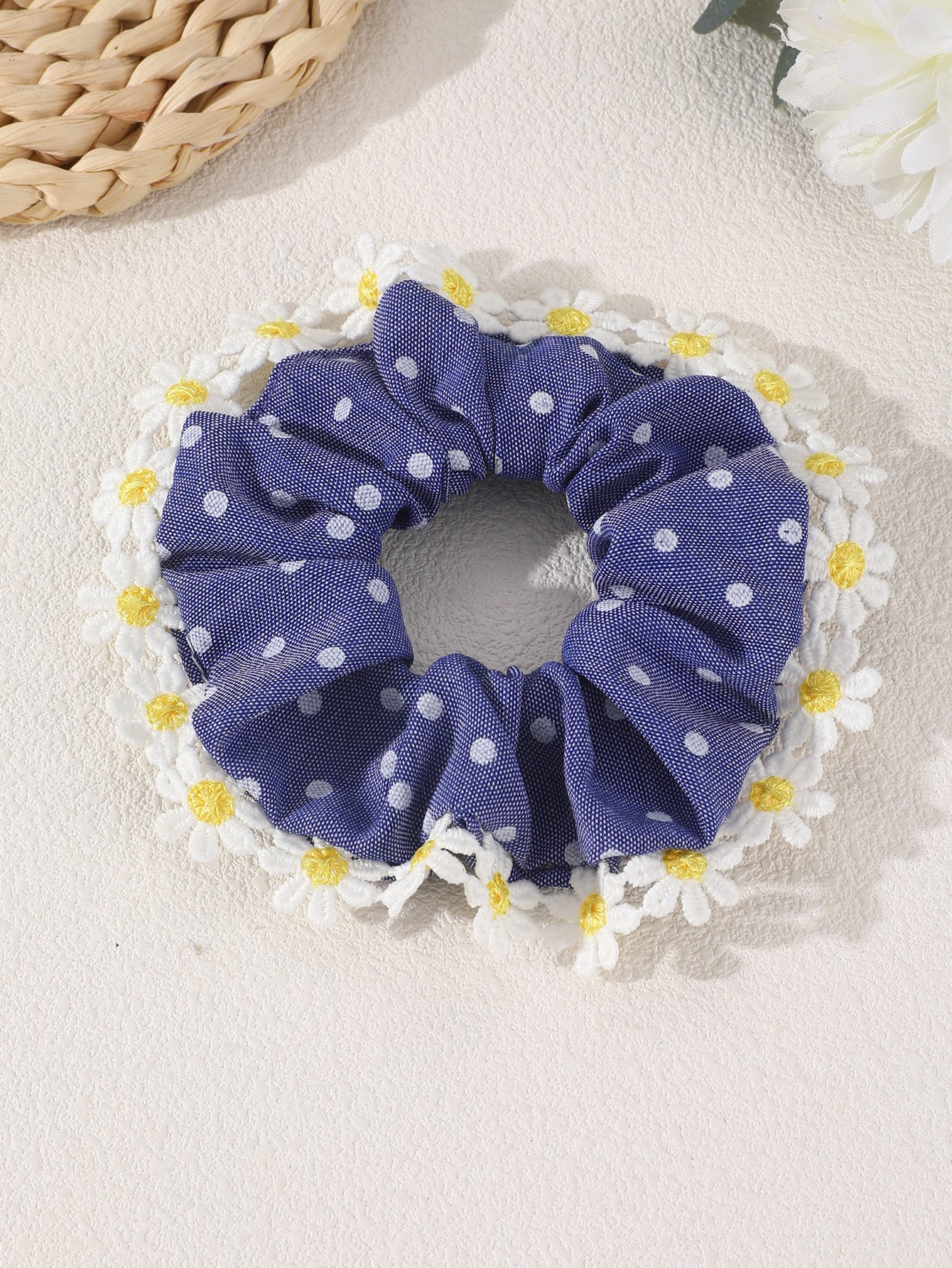Daisy Polka Dot Blue Hair Scrunchie