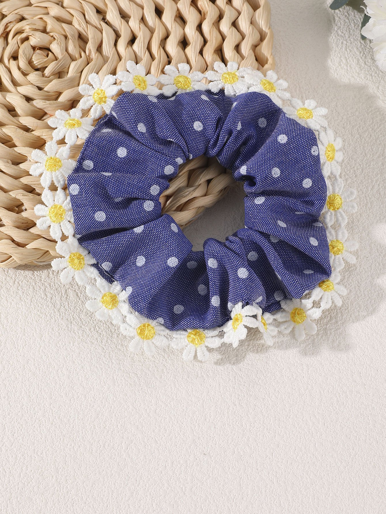 Daisy Polka Dot Blue Hair Scrunchie