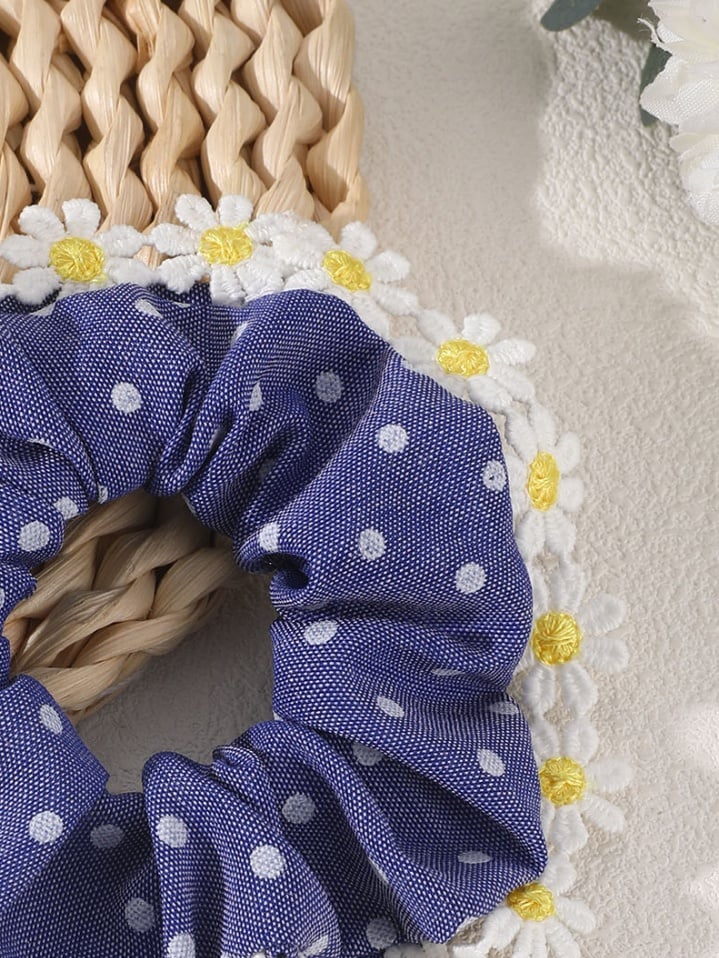 Daisy Polka Dot Blue Hair Scrunchie