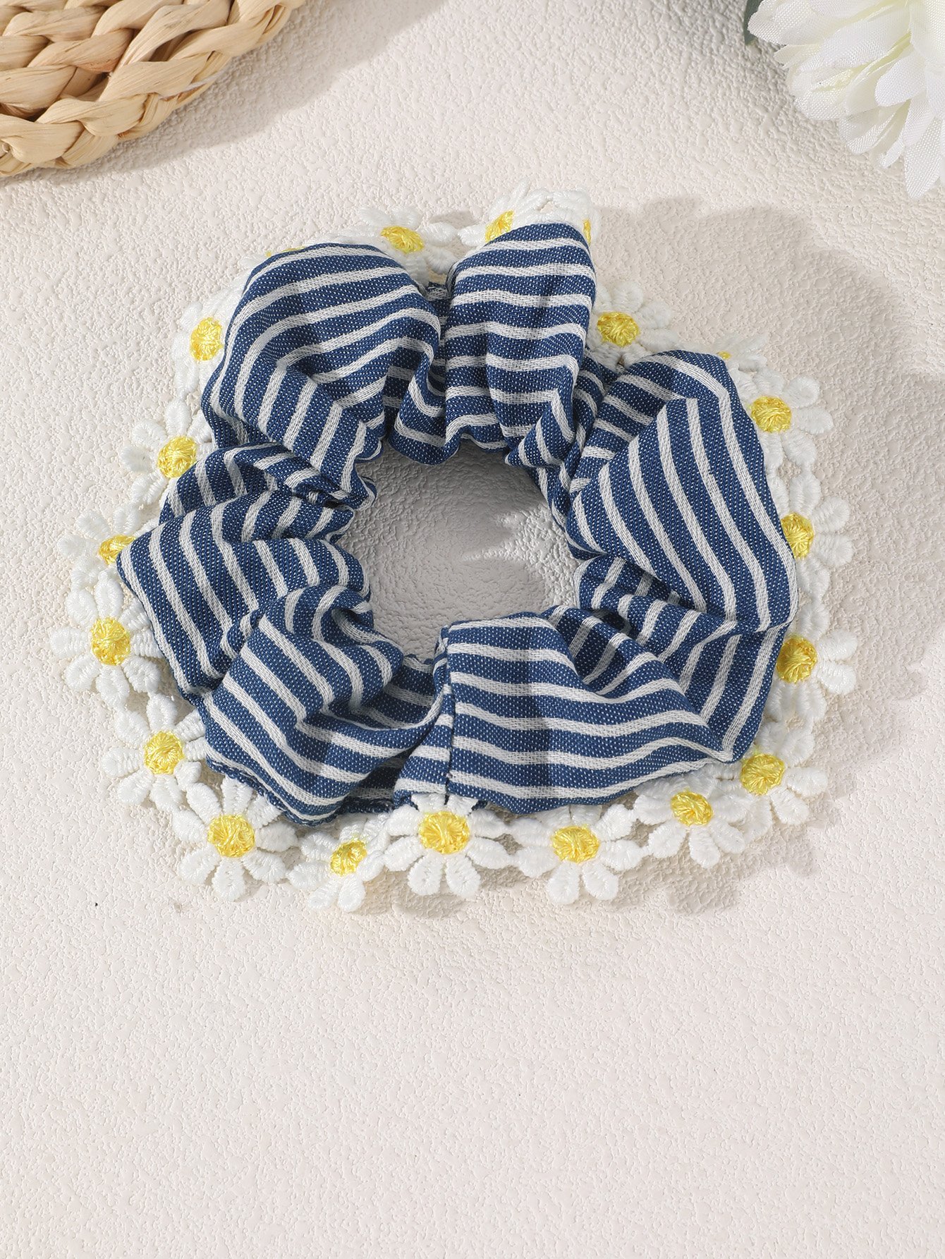 Daisy Trim Striped Scrunchie Hair Tie