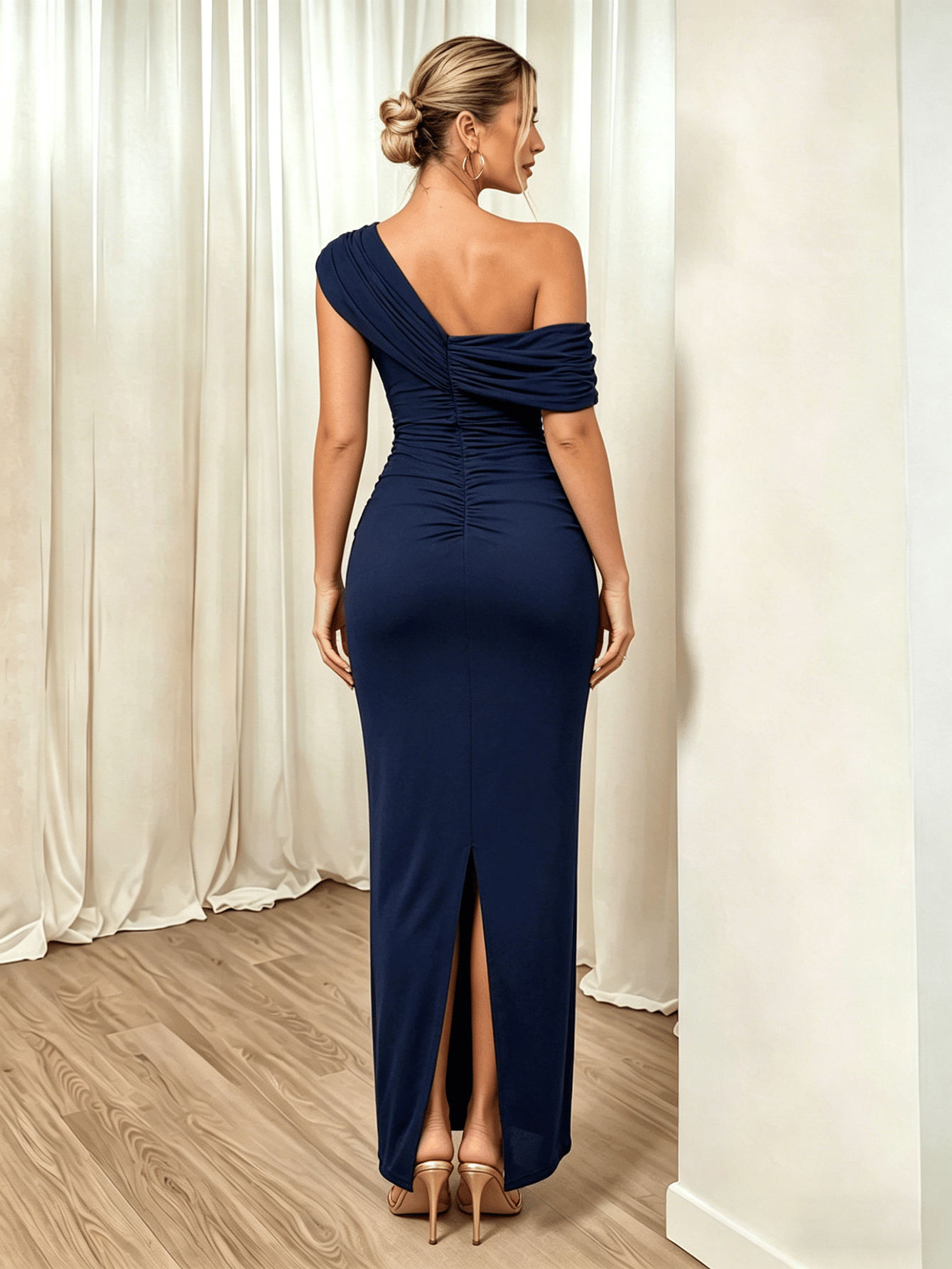 Navy Blue One-Shoulder Bodycon Maxi Dress