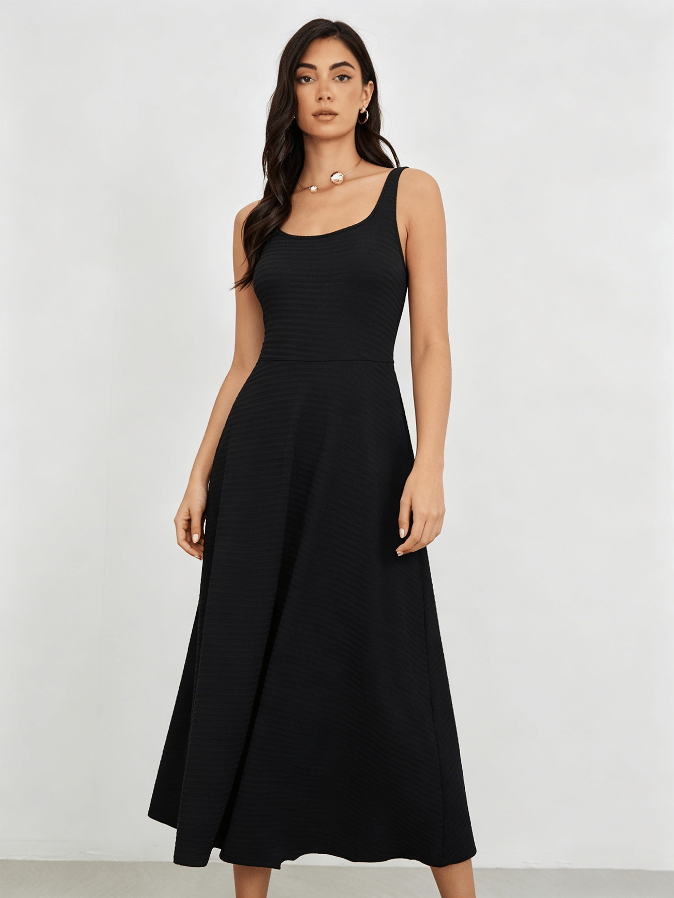 Black Textured Knit Midi Dress with Square Neck