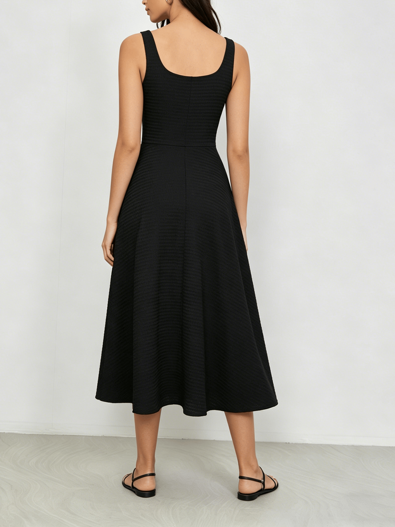 Black Textured Knit Midi Dress with Square Neck
