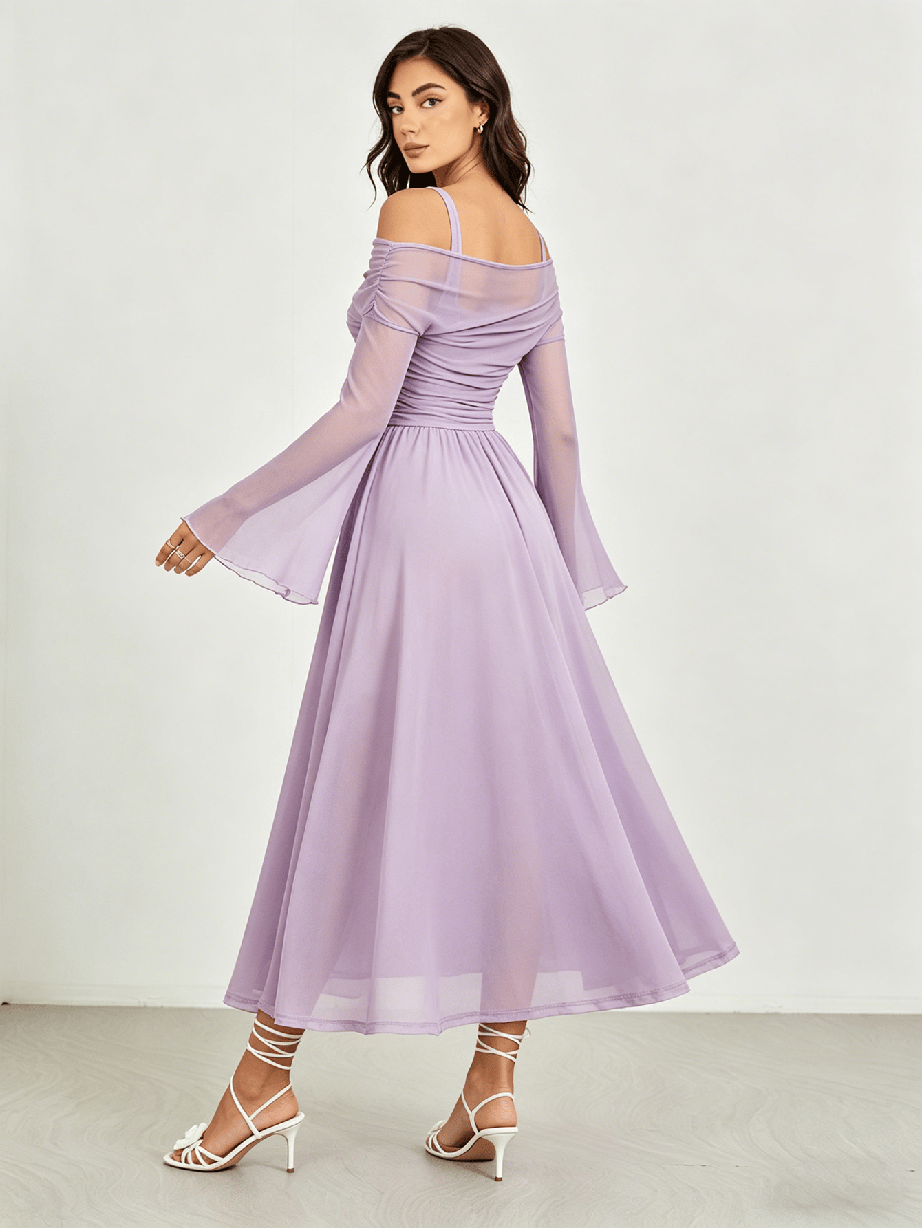 Chiffon Midi Dress with Off-Shoulder Long Flared Sleeves and Ruched Bodice