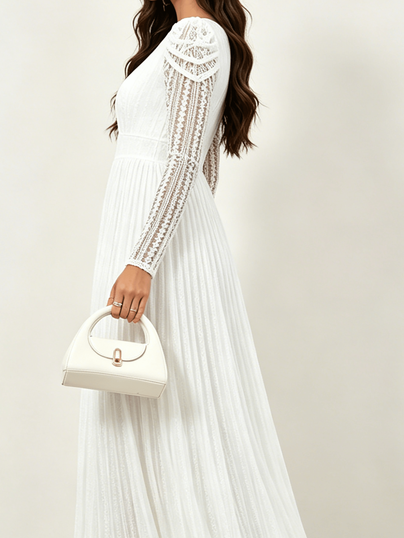 White Ankle-Length Pleated Dress with Long Lace Sleeves