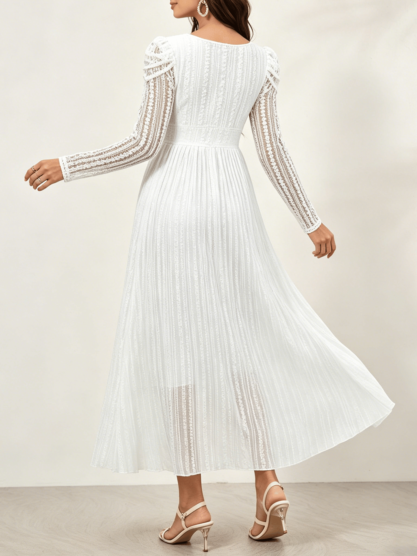 White Ankle-Length Pleated Dress with Long Lace Sleeves