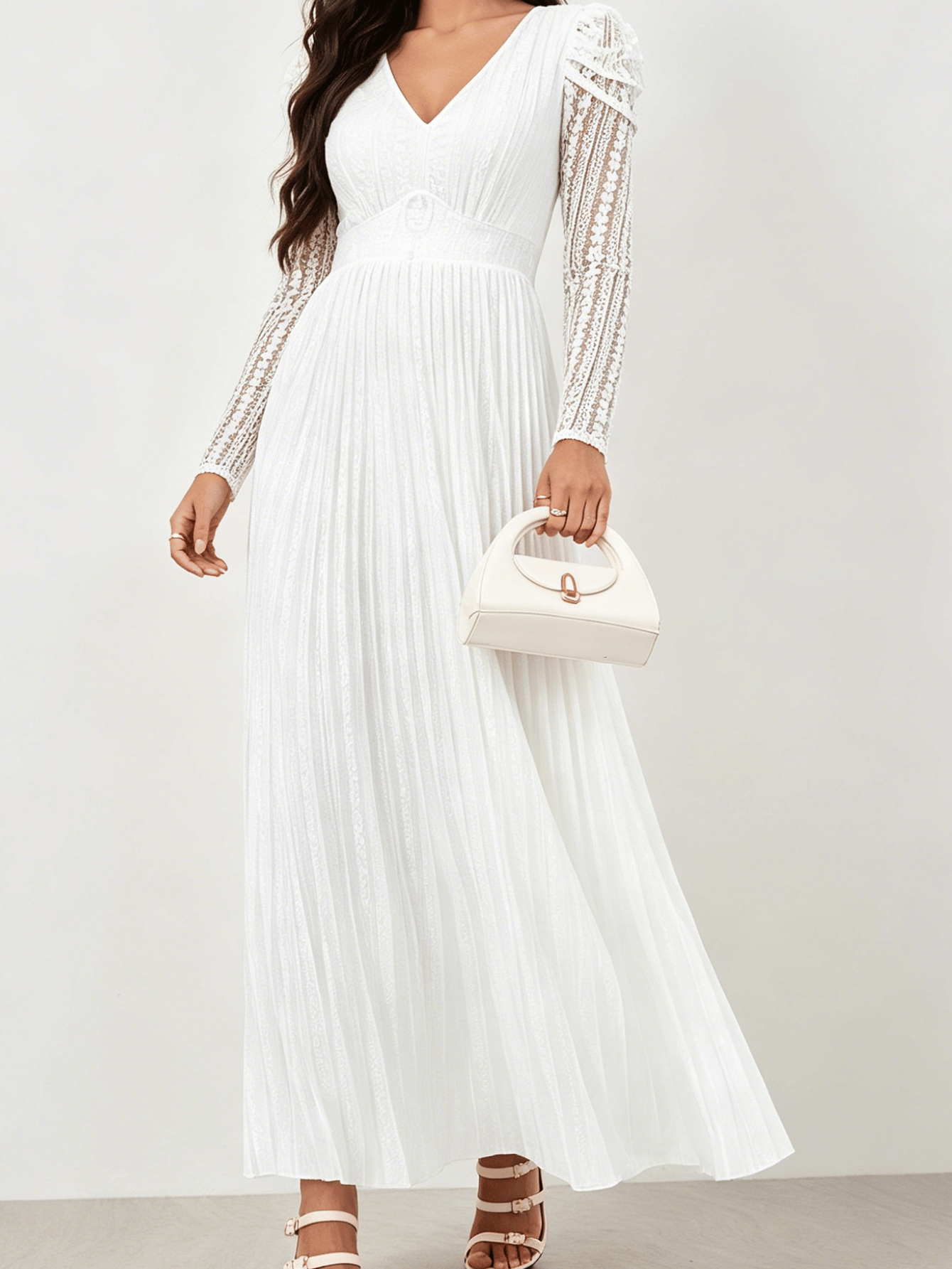 White Ankle-Length Pleated Dress with Long Lace Sleeves